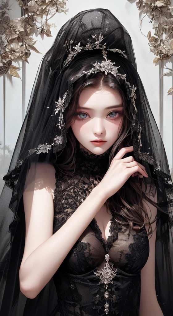 ((masterpiece, Highest quality, Very detailed, High resolution)), alone, beautiful girl, Shining Eyes, Perfect Eyes, 15 years old, Black White Gold theme,Gothic、Lace Face Veil
