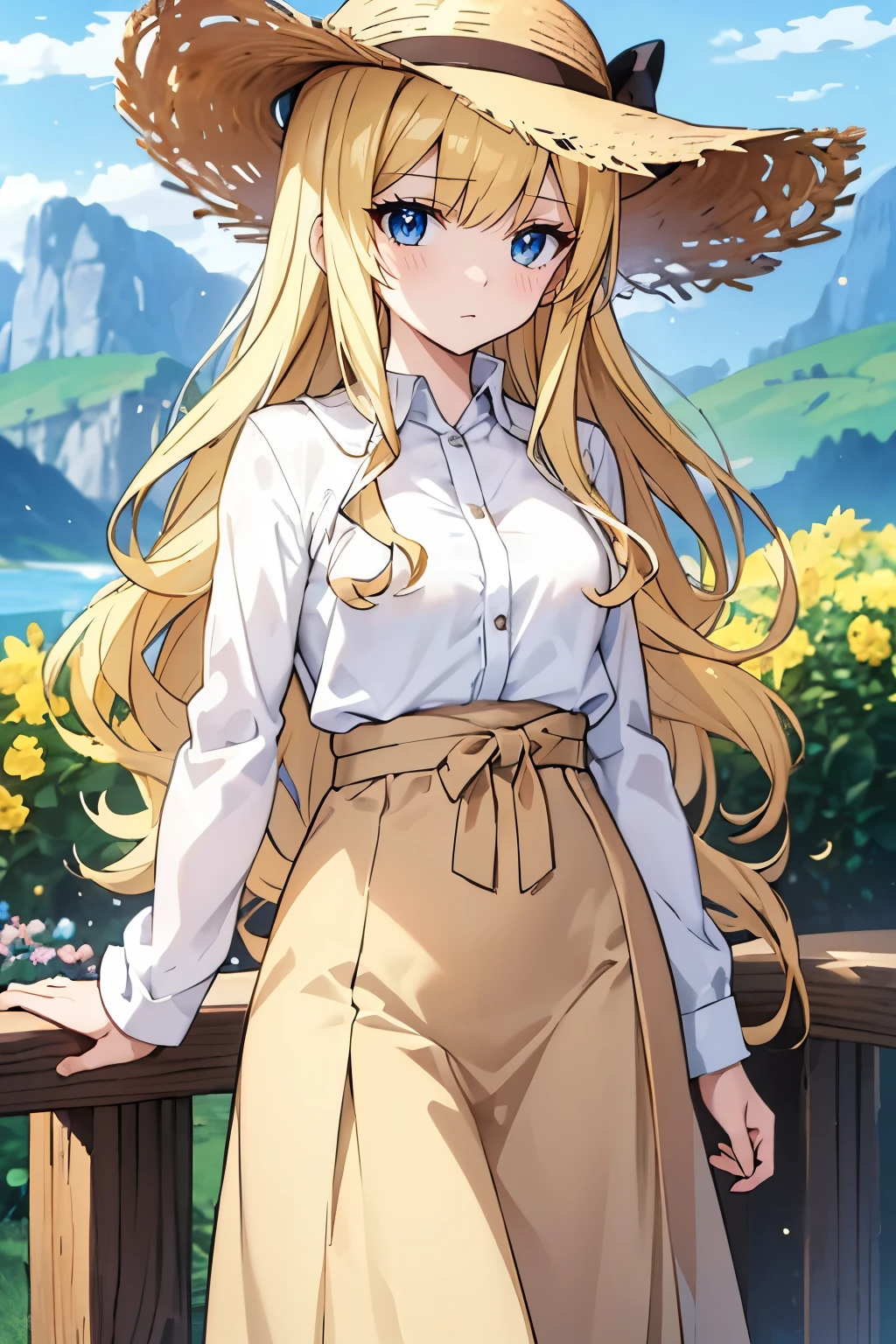 1 girl, female figure, wavy yellow hair, hime cut, extra long hair, crystal light blue eyes, detailed eyes, golden blonde hair, cowboy shot, voluminous hair, wavy hair, (medium small breasts), (young female body: 1.4), outdoors background, mountains and river, farmers girl, straw hat, extra long brown skirt, white shirt, white blouse, brown long skirt, beige cardigan, long cardigan, flowing brown skirt