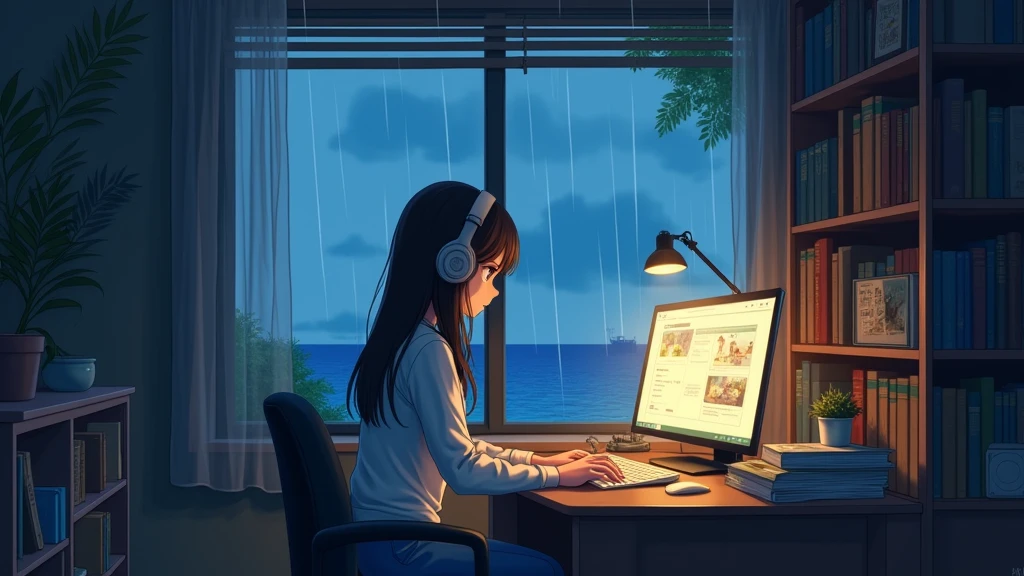 A girl with a chill vibe is studying at her desk in her room while wearing headphones. The room is dimly lit, with rain visible outside the window. The atmosphere is cozy and focused, with a computer screen providing additional light. The girl's style is a blend of anime and realistic elements, capturing her concentration as she works on her studies. The background is detailed, showing bookshelves and study materials, with a warm and slightly moody color palette. The painting style should match the following conditions ●**First Image (Beach Scene)**: - **Art Style**: Anime-inspired with a strong influence from Studio Ghibli. - **Color Palette**: Soft, vibrant, and natural colors. - **Details**: Detailed background with a focus on natural elements like the ocean, sky, and foliage. The characters are delicately drawn with smooth lines and subtle shading, blending seamlessly with the environment. - **Atmosphere**: Serene and picturesque, capturing a tranquil moment by the sea with a dreamy, almost nostalgic feel.