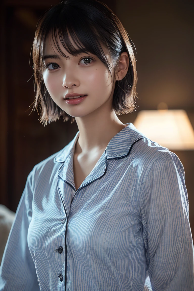 (8K, Raw photo, Highest quality, masterpiece:1.2), (Realistic, Photorealistic:1.37), Ultra-detailed, Ultra-high resolution, 1 girl, Seeing the viewer, Beautifully detailed face, Laughter, narrow, (Slim waist) :1.3), shortcut, Beautifully detailed skin, Skin texture, Dark hair, Short hair, Bob, Professional Lighting, (pajamas), Human whole body