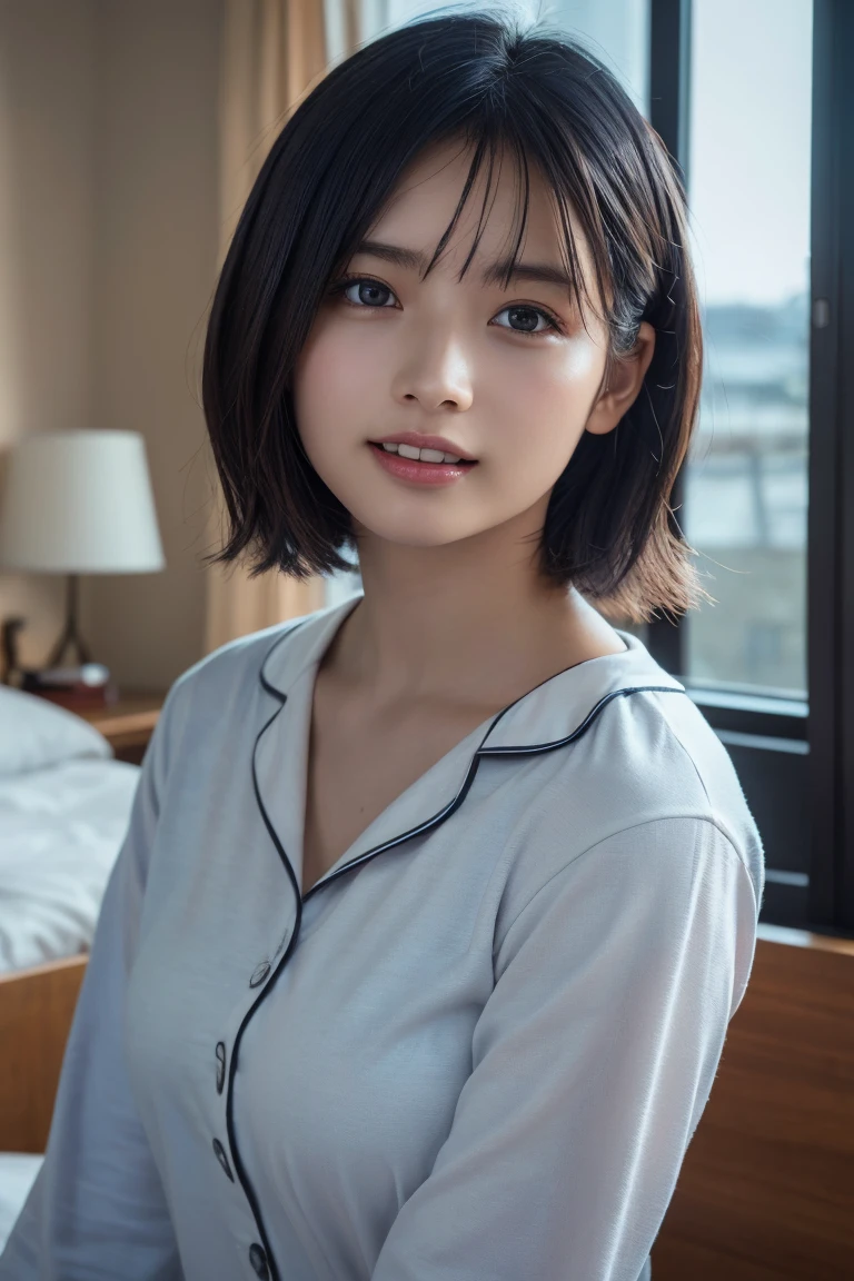 (8K, Raw photo, Highest quality, masterpiece:1.2), (Realistic, Photorealistic:1.37), Ultra-detailed, Ultra-high resolution, 1 girl, Seeing the viewer, Beautifully detailed face, Laughter, narrow, (Slim waist) :1.3), shortcut, Beautifully detailed skin, Skin texture, Dark hair, Short hair, Bob, Professional Lighting, (pajamas), Human whole body