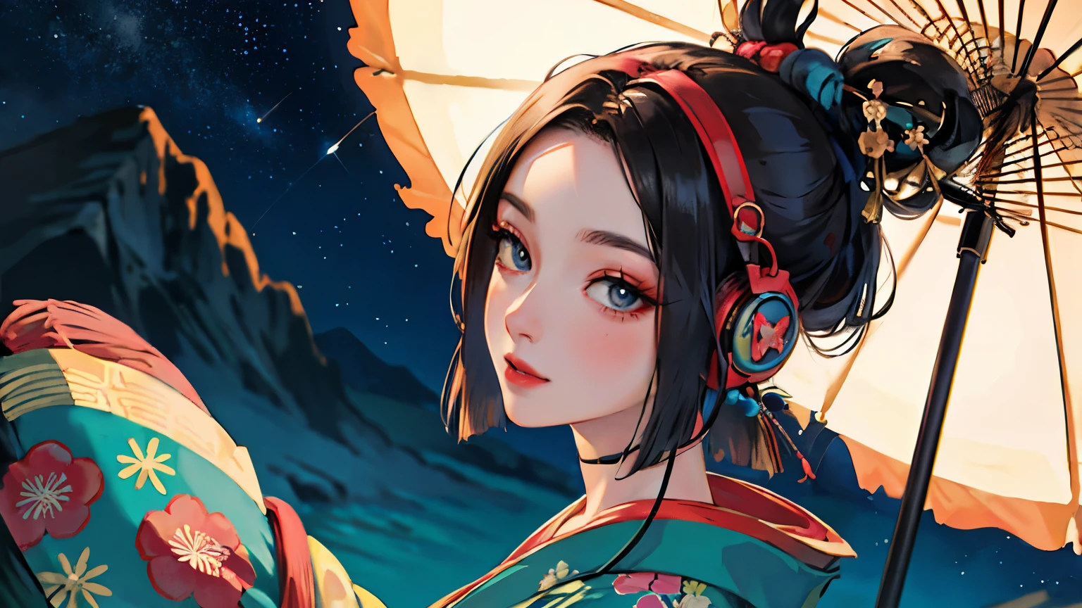 (Highest quality, 8k, masterpiece, High resolution), (whole body), Vibrant colors, (headphones, wearing headphones), Brown-black bob, Traditional topknot, Ample breasts, (Highly detailed face and eyes, Beautiful Face, Beautiful Eyes, Beautiful nose, Pretty lips), Official Art, Ukiyo-e style, (Beautiful woman in kimono), (Vivid floral patterned kimono), background, river, bridge, Mountain, wood, Starry Sky, moon, Detailed CG,