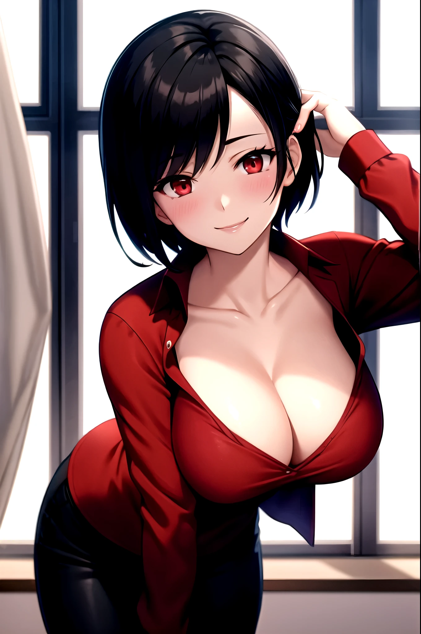 Ada wong,red shirt,,Black pants,smile,sexly,upned collar shirt, popped collar shirt, High collar shirt,blush,One Woman,Put your hands behind your head,whole body,front,By the window in the morning sun,