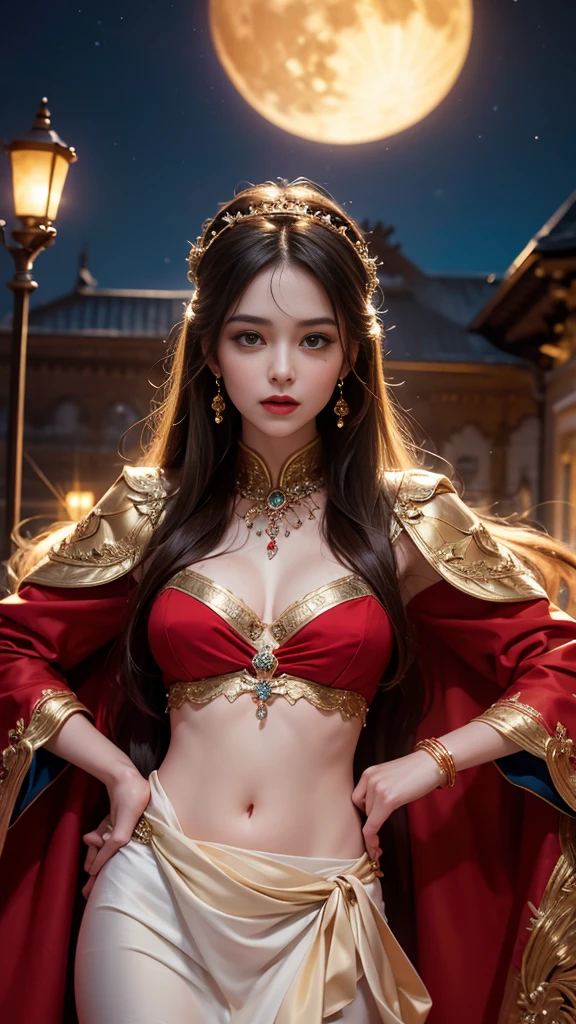 8K ultra hd, masterpiece,1 girl, ((realistic face)), detailed eyes, ((very long hair)), flowing hair, small breasts, royal dress, decorated dress, red dress, anitque jwellery, detailed lacing, flowing cape, bare navel, moon light, amazing night outdoor, spot lights, glowing lights, depth of field, ray tracing, bloom, realistic shadow, tyndal effect, spreding, lights, looking at the audience, attractive pose,