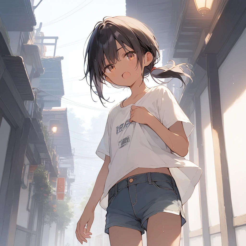 score_9, score_8_up, score_7_up, source_anime, best quality, masterpiece, official art, absurdres, highres, ultra-detailed,waifu2x,Collection: Slice of Life,break,1girl, tomboy, dark-skinned female, short hair, low ponytail, flat chest, beautiful detailed eyes, shorts, sweat, open mouth, (yawn:0.3), sleepily, outdoors, wind,break,(clear line illustration:1.2), super detailed skin,very high resolution, very aesthetic, Best sexual lighting powered by famous artist, 8k,cute picture,beauty illustration,photoshop_(medium),,(Detailed Lighting),best anime 8k konachan wallpaper, pixiv contest winner, 