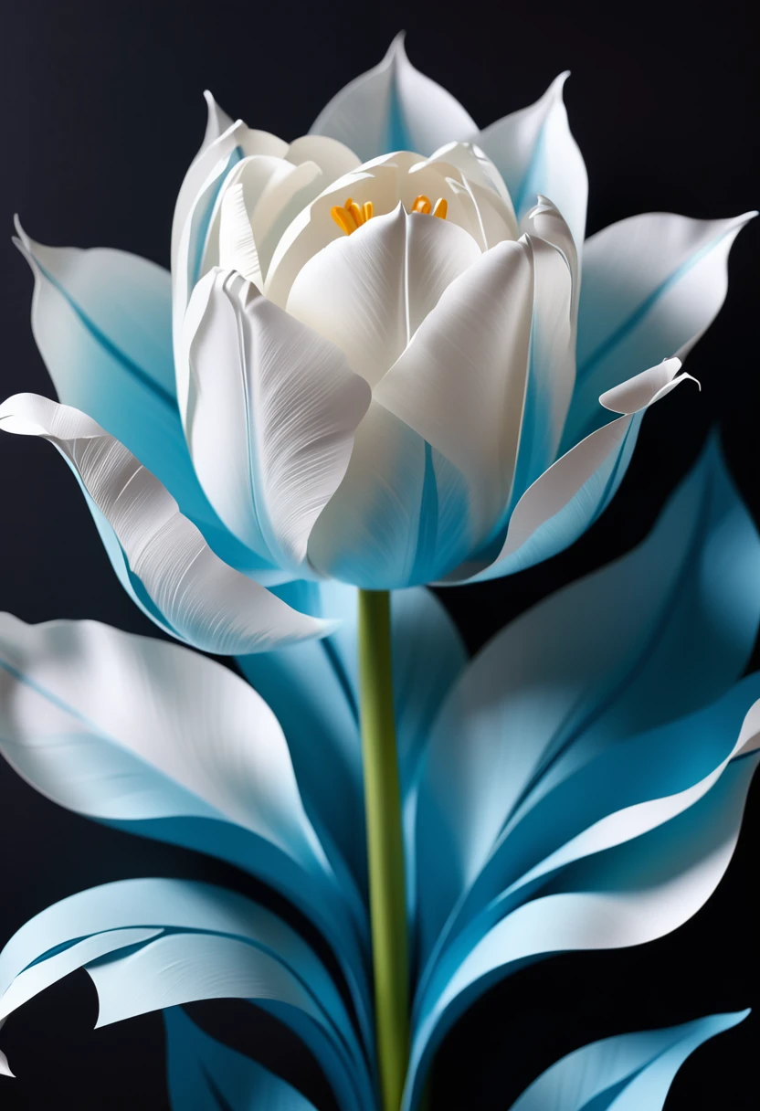 3D white and light blue tulip paper flower close-up on dark background bright soft light exquisite beautiful details shining fusion 3D paper sculpture and paper art creation lifelike depiction perfect artistic design accurate perfect anatomy complex extremely detailed Art design of animated paper sculpture with clear and greasy texture, high quality and lifelike image