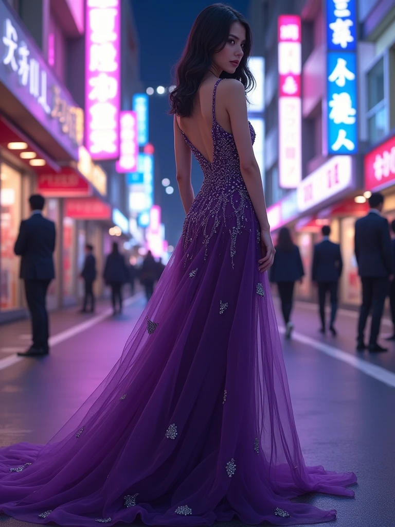 (Best Quality, Masterpiece: 1.4) Purple Evening Dress, Anime Style, Single, Full Body Photo, Perfect Body, A Beautiful Brunette Beauty, (Tokyo Street at Night, Neon Flash, Depth of Field: 1.2)