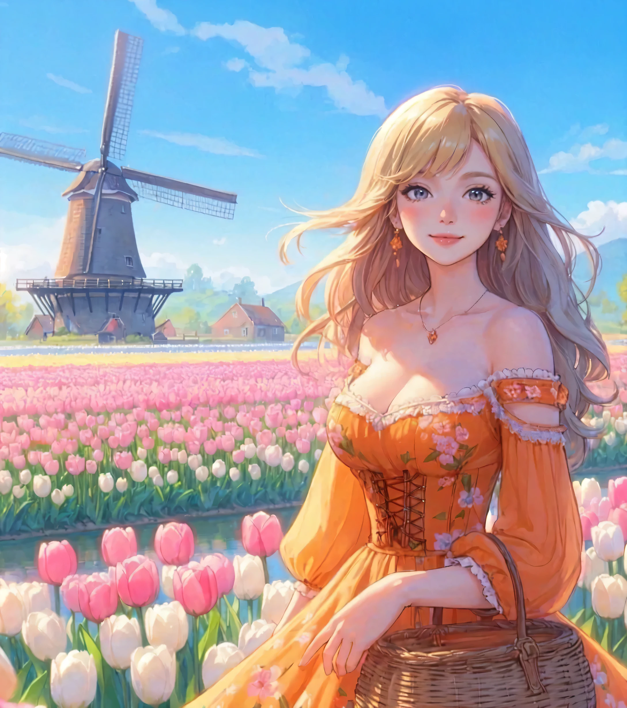 1lady standing, (looking at viewers), stylish outfit (elegant and breezy attire) (orange theme), (mature female:0.6), /(blond hair/) bangs, blush kind smile, (masterpiece best quality:1.2) delicate illustration ultra-detailed, large breasts BREAK (field of tulip) (vibrant colors), colorful tulips, outdoors, (traditional Dutch windmill), blue sky, noon, horizon, detailed background