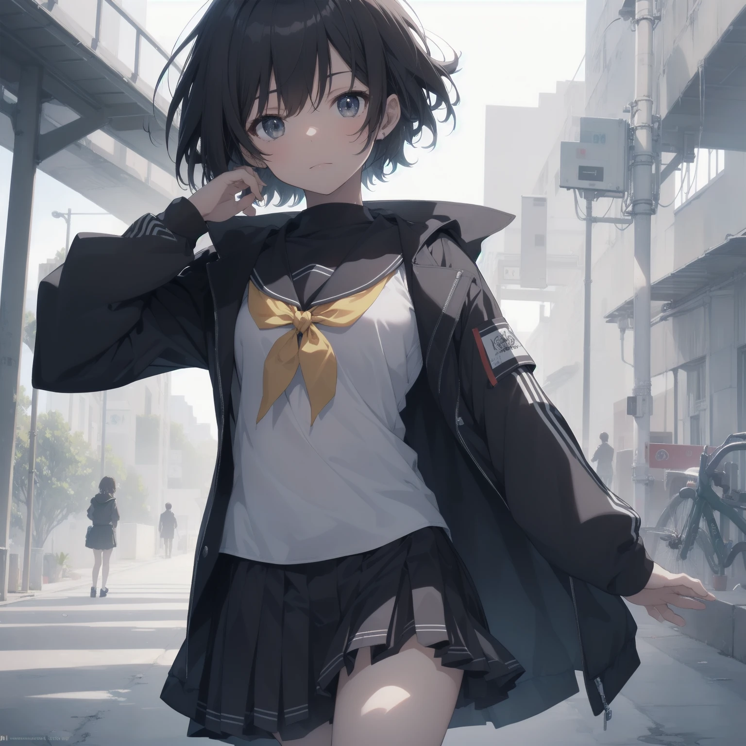 ultra-absurdres-Top quality by artist God, ultra-detailed, high resolution, anime moe artstyle, best anime 8k konachan wallpaper, pixiv contest winner, pool:2810, perfect anatomy,break, 1girl, (Please draw a girl walking sleepily to school alone. )break,(Solo,little female, 13-year-old:1.3),Full limbs, complete fingers,a junior high school student, (very short hair), short cut, flat chest, , small butt, small black eyes, beautiful detailed eyes, well-proportioned iris and pupils, expressive eyes, highres detailed hair, soft expression, salor school_uniform, sailor collar, serahuku, bow, pleated skirt,(Detailed Lighting), (Detailed background), in the School commute route. break,super detailed skin, Best cinematic lighting powered by famous artist, 8k,beauty illustration,photoshop_(medium),very aesthetic,break,((artist:yd_(orange_maru) )), artist:clamp ,artist:carnelian ,artist:kantoku ,