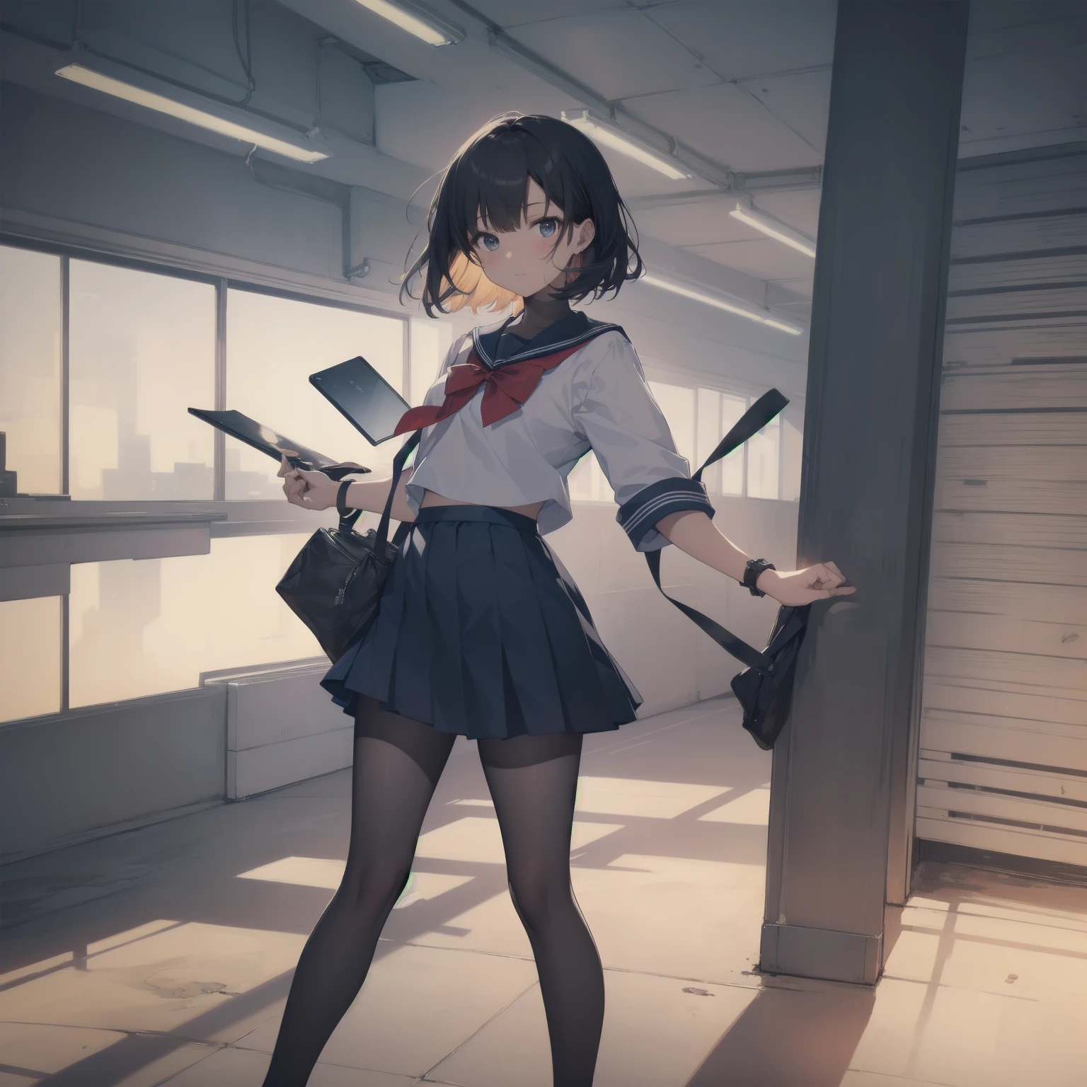 ultra-absurdres-Top quality by artist God, ultra-detailed, high resolution, anime moe artstyle, best anime 8k konachan wallpaper, pixiv contest winner, pool:2810, perfect anatomy,break, 1girl, (Please draw a girl walking sleepily to school alone. )break,(Solo,little female, 13-year-old:1.3),Full limbs, complete fingers,a junior high school student, (very short hair), short cut, flat chest, , small butt, small black eyes, beautiful detailed eyes, well-proportioned iris and pupils, expressive eyes, highres detailed hair, soft expression, salor school_uniform, sailor collar, serahuku, bow, pleated skirt,(Detailed Lighting), (Detailed background), in the School commute route. break,super detailed skin, Best cinematic lighting powered by famous artist, 8k,beauty illustration,photoshop_(medium),very aesthetic,break,((artist:yd_(orange_maru) )), artist:clamp ,artist:carnelian ,artist:kantoku ,