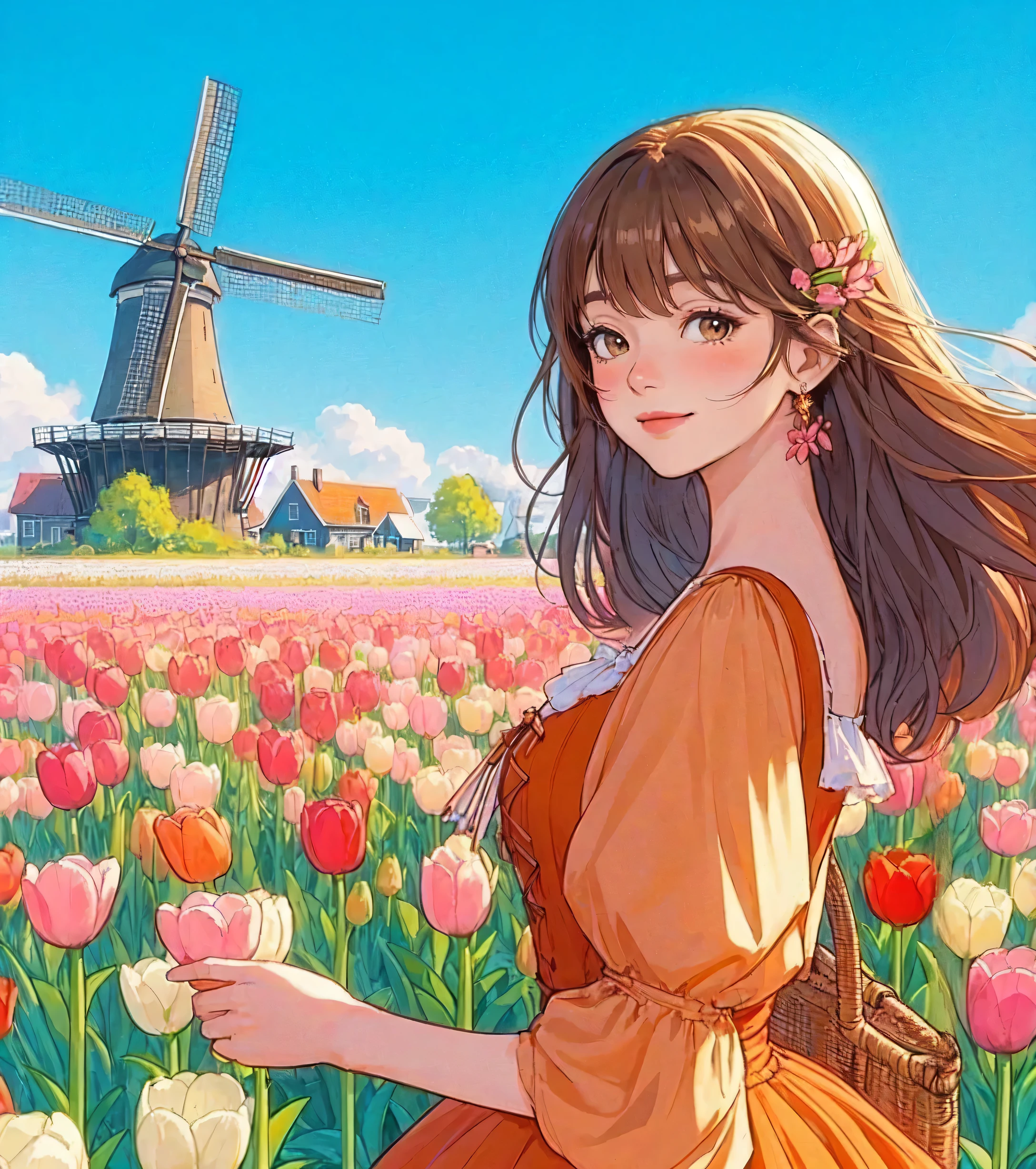 1lady standing, (looking at viewers), stylish outfit (elegant and breezy attire) (orange theme), (mature female:0.6), /(brown hair/) bangs, blush kind smile, (masterpiece best quality:1.2) delicate illustration ultra-detailed, large breasts BREAK (field of tulip) (vibrant colors), colorful tulips, outdoors, (traditional Dutch windmill), blue sky, noon, horizon, detailed background