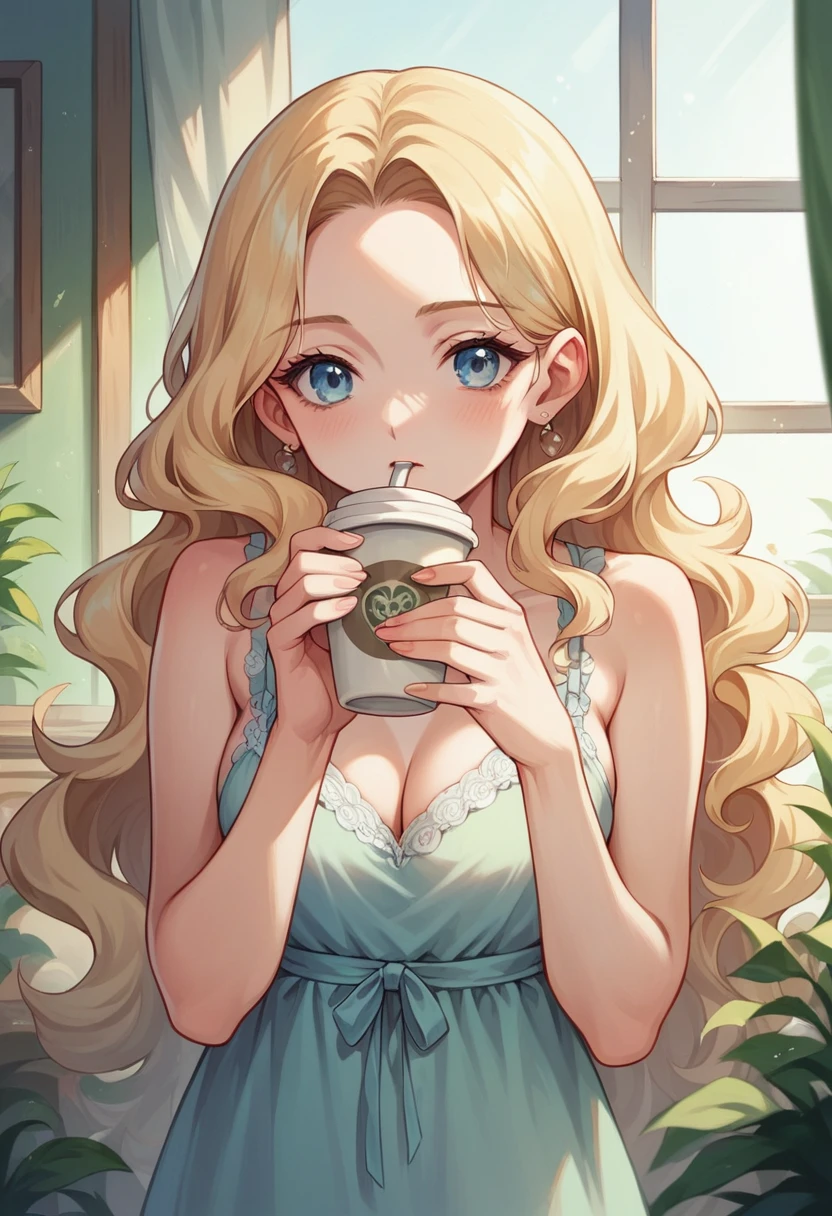 Jolie belle blonde portant une chemise blanche (Drinking coffee in a modern cafe at sunrise), very detailed, 22 ans, visage innocent, naturally wavy hair, blue eye, high resolution, head of&#39;artwork, best quality, intricate details, very detailed, sharpness, detailed skin, realistic skin texture, texture, detailed eyes, professionnel, 4K, charming smile, prise avec Canon, 85 millimeters, Slight depth of field, kodak vision color, corps parfaitement ajusté, extremely detailed, photo_\(ultra\), photorealistic, realistic, Post-traitement, maximum details, roughness, real life, ultrarealistic, Photorealism, la photographie, 8k uh, la photographie