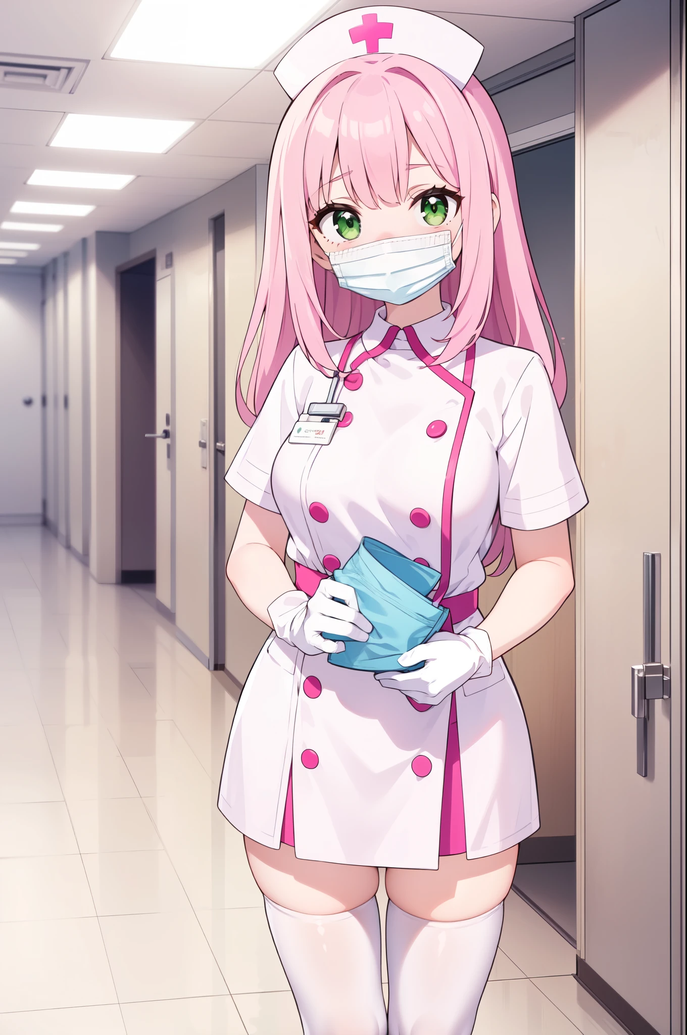 1woman, solo, nurse, white nurse cap, white nurse uniform, ((white legwear, zettai ryouiki)), white gloves, pink hair, green eyes, drooping eyes, ((white surgical mask, covered nose)), standing, ((hospital room)), sharp outline, short sleeves, female, 32 years old, best quality, masterpiece