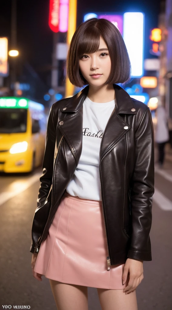 (((Yumikanoku))),((Highest quality, 8k, masterpiece :1.3)), One girl, smile, whole body, Slim face, Beautiful woman, (Dark brown hair), Tight leather pink suit,Pink Short Tight Skirt, Highly detailed face, Detailed eyes, double eyelid, Bokeh Background, Slim face, City of night, Neon Light,outside, Tokyo Street,Japan,leather jacket,Leather skirt,Bob cut short hair,