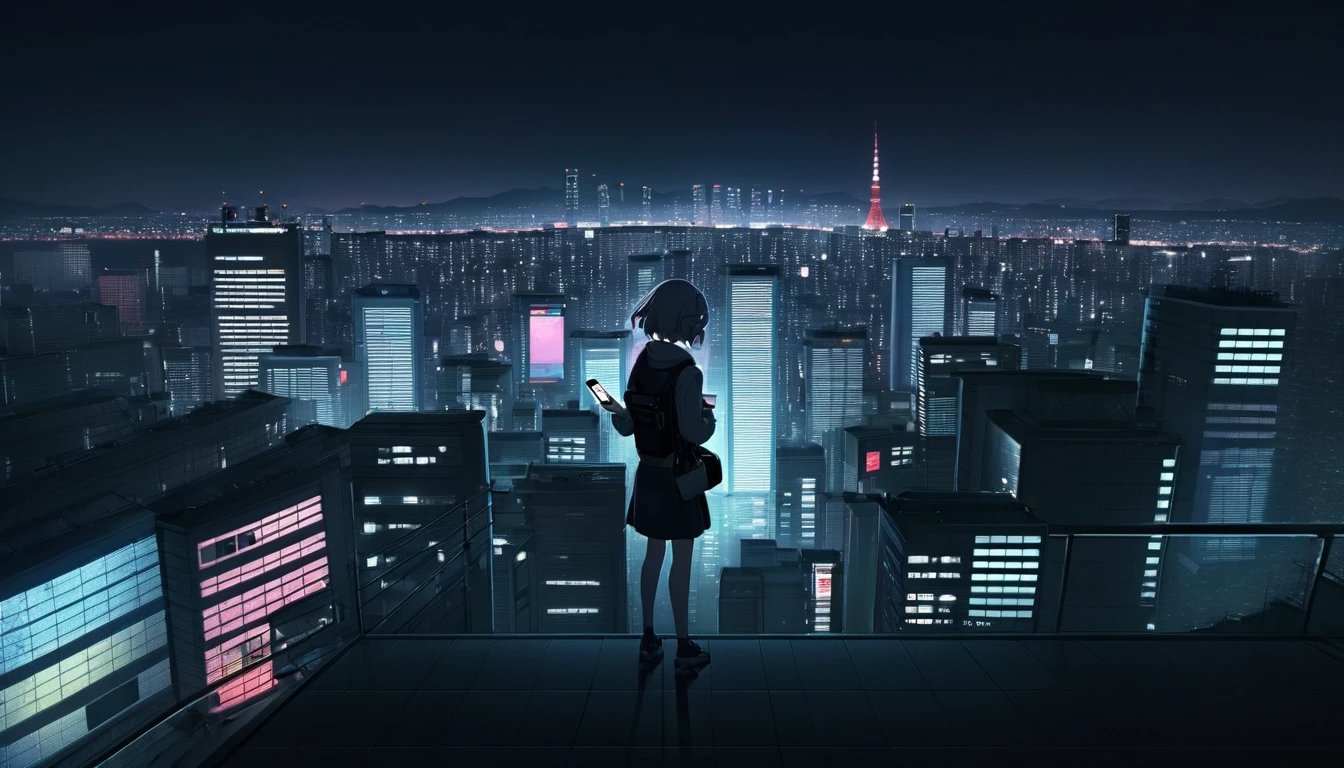 Anime girl with her back turned to the night city of Tokyo, holding a smartphone and giving a defiant look, Anime atmosphere, Anime Style 4 k, 90s anime art style, Detailed full body of anime girl, Anime Style. 8k, Lo-fi art style, Anime Style mixed with fujifilm, 9 0 s Anime Aesthetics, Anime PostersMovie StillsPortrait, Anime Aesthetics