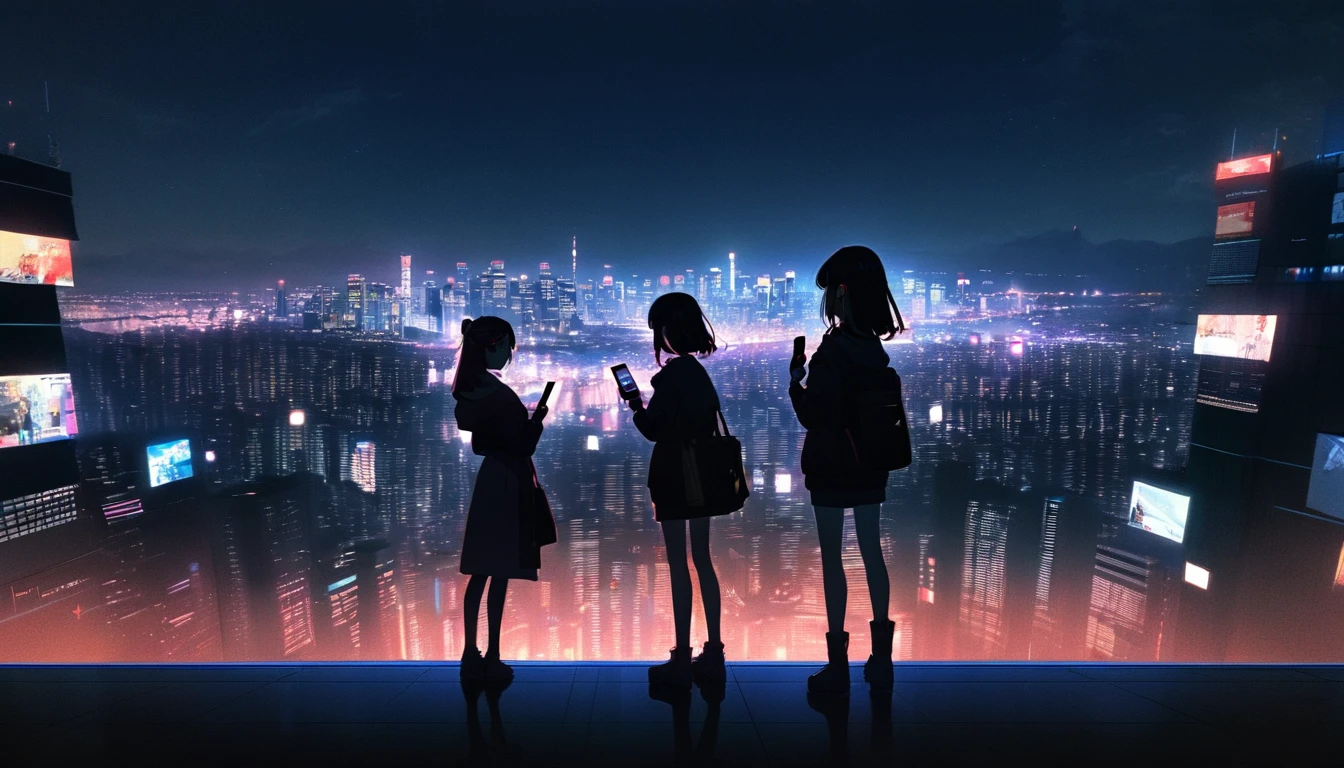 Anime girl with her back turned to the night city of Tokyo, holding a smartphone and giving a defiant look, Anime atmosphere, Anime Style 4 k, 90s anime art style, Detailed full body of anime girl, Anime Style. 8k, Lo-fi art style, Anime Style mixed with fujifilm, 9 0 s Anime Aesthetics, Anime PostersMovie StillsPortrait, Anime Aesthetics