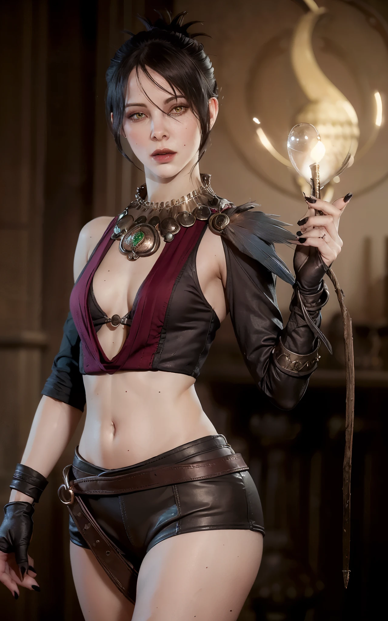 (masterpiece, best quality) realistic version of
MorriganDA,  face of (Kate Beckinsale:Evangeline Lilly) 1girl, solo,, looking at viewer, short hair, black hair, gloves, jewelry, yellow eyes, small breasts, fingerless gloves, necklace, hair bun, nail polish, bracelet, lips, fingernails, makeup, glowing, single hair bun, feathers, lipstick, staff, pale skin, black nails, armlet, long fingernails, realistic, nose, magic
