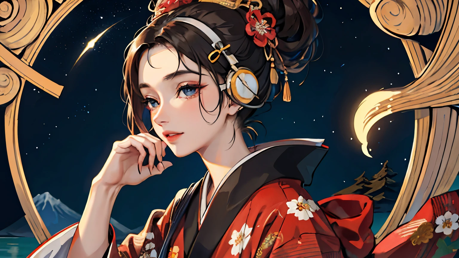 (Highest quality, 8k, masterpiece, High resolution), (whole body), Vibrant colors, (headphones, wearing headphones), Brown-black bob, Traditional topknot, Ample breasts, (Highly detailed face and eyes, Beautiful Face, Beautiful Eyes, Beautiful nose, Pretty lips), Official Art, Ukiyo-e style, (Beautiful woman in kimono), (Vivid floral patterned kimono), background, river, bridge, Mountain, wood, Starry Sky, moon, Detailed CG,