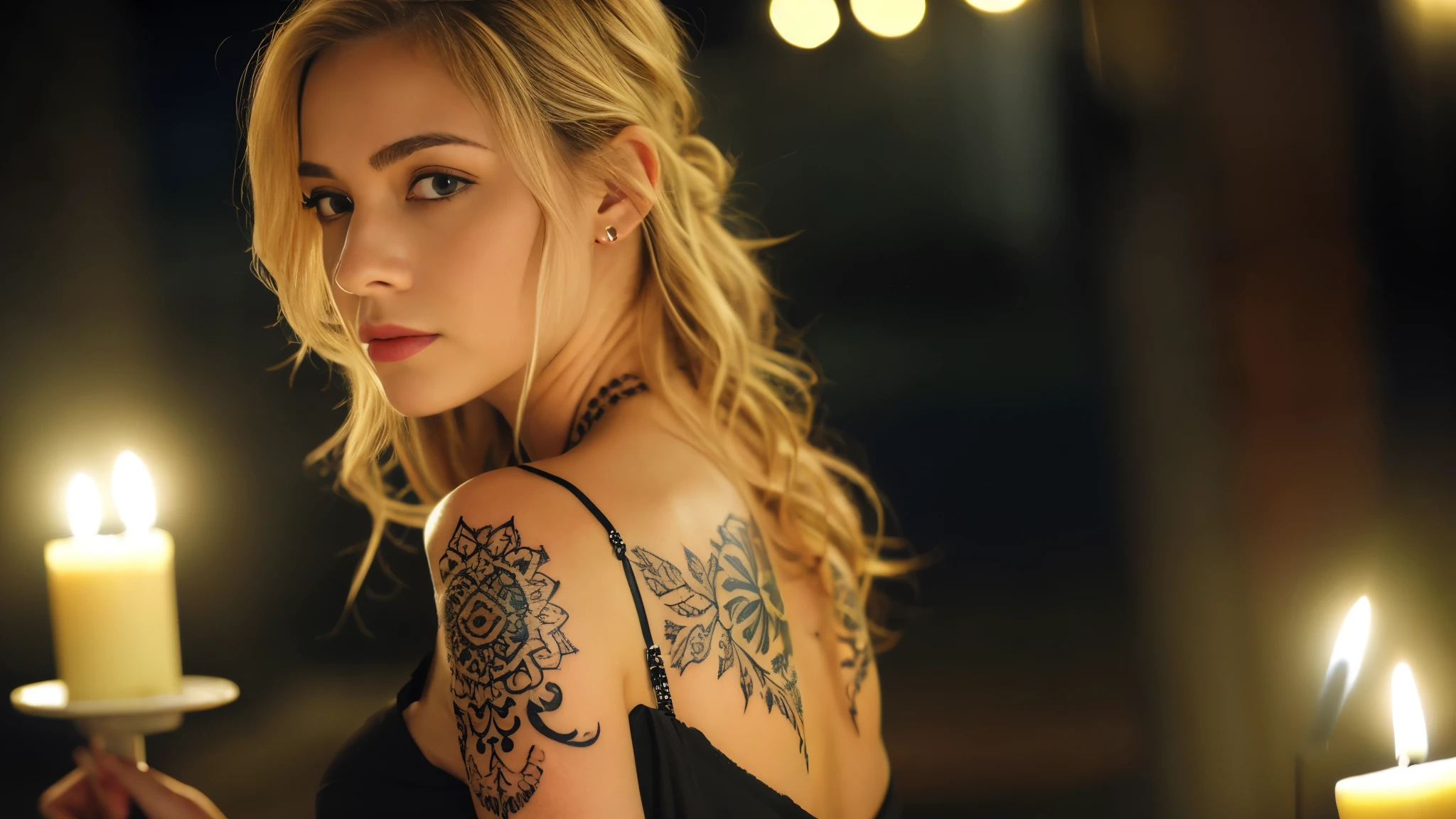 tatuados,Beautiful blonde with big breasts in a black dress、(Back tattoo、Many tattoos on both arms and neck)、 (Late night back alley、walk),Candlelight only,Very detailed, 21 years old, Innocent face, Wavy Hair, blue eyes, High resolution, masterpiece, Highest quality, Intricate details, Very detailed, Clear focus, Delicate skin, practical skin texture, texture, Delicate eyes, Professional, 4K, Sad face,despair、 Shot with Canon, 85mm, Shallow and deep, Kodak Vision Color, Exactly, Very detailed, photograph_\(Extremist\), photographpractical, practical, Post-processing, Maximum details, Roughness, Real Life, Extremist practical, Photorealism, photographgraphy, 8K Ultra HD, photographgraphy