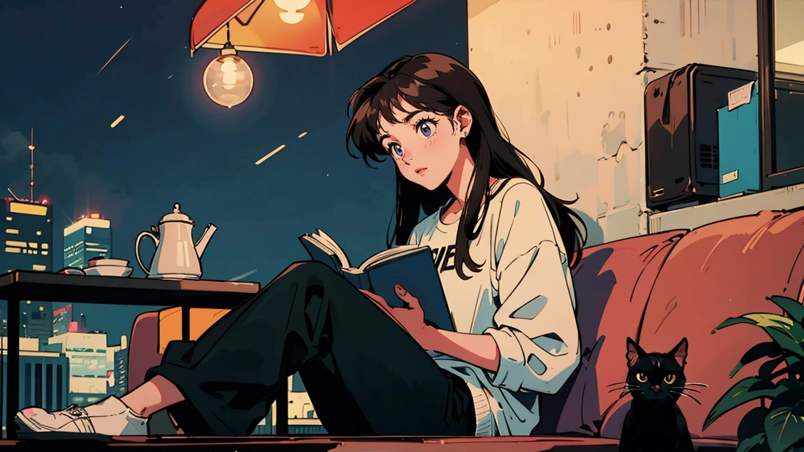 Highest quality, 8k, 1990s style,Hairstyles of the 2010s, 21 year old girl, Black Hair, Long Hair, Light brown eyes, City Pop, pants ,Night view, Wear headphones,Reading a book, whole body,  Relax Coffee,table,making,look at me, Black cat
