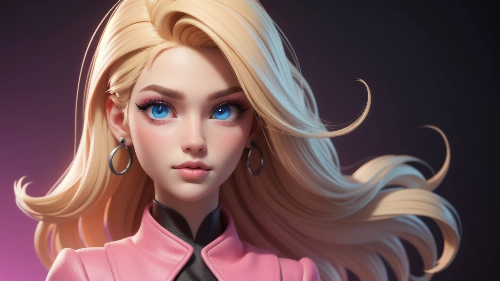 masterpiece, best quality,3d rending work,3DMM style, close-up, portrait, 3D,1girl, solo, perfect face, long hair, school uniform , long light blonde hair dyed with pink and with cute fluffy bangs well styled, hair dyed with pink color, detailed light blue eyes highlight light reflecting in her eyes, looking straight to the viewer, realistic, upper body, party background, colorful lighting, lips, edgy makeup, black shade of makeup on eyelids, ear piercing, fair skin, perfect hourglass body, she has sharp jawline, The artwork should have the best quality, with ultra-detailed and realistic features. The color palette should be vivid, and the lighting should emphasize the character's facial structure and expression.