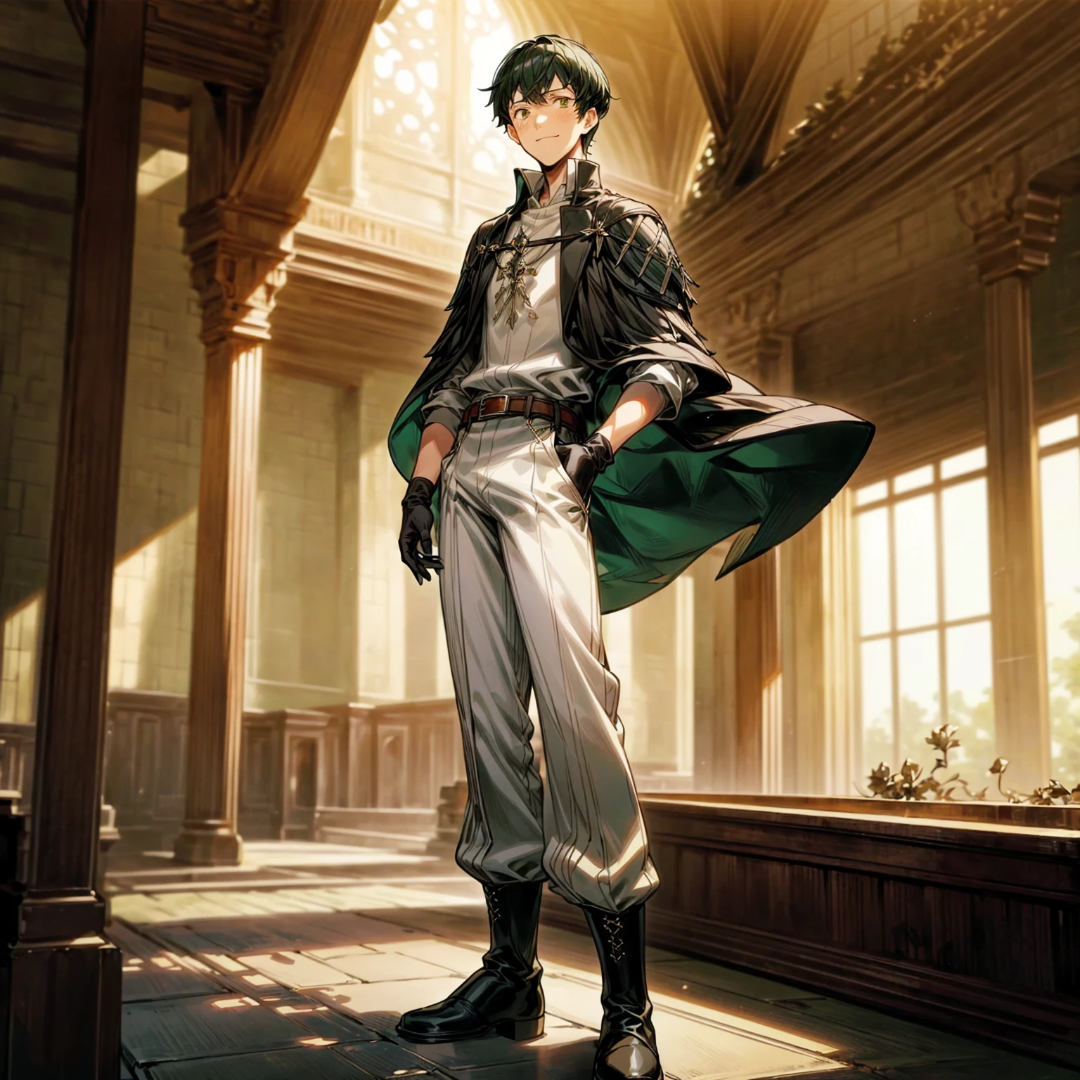 Solo character, young man, tall height, full body version, green half black colour hair, short haircut, formal clothing, white color clothing, brown pants, boots, belt, gloves, indoor, medieval, bar, sunlight, (black clover style art), detailed clothing, detailed hair, detailed background, standing gesture, blue fire in hand, smile mouth 