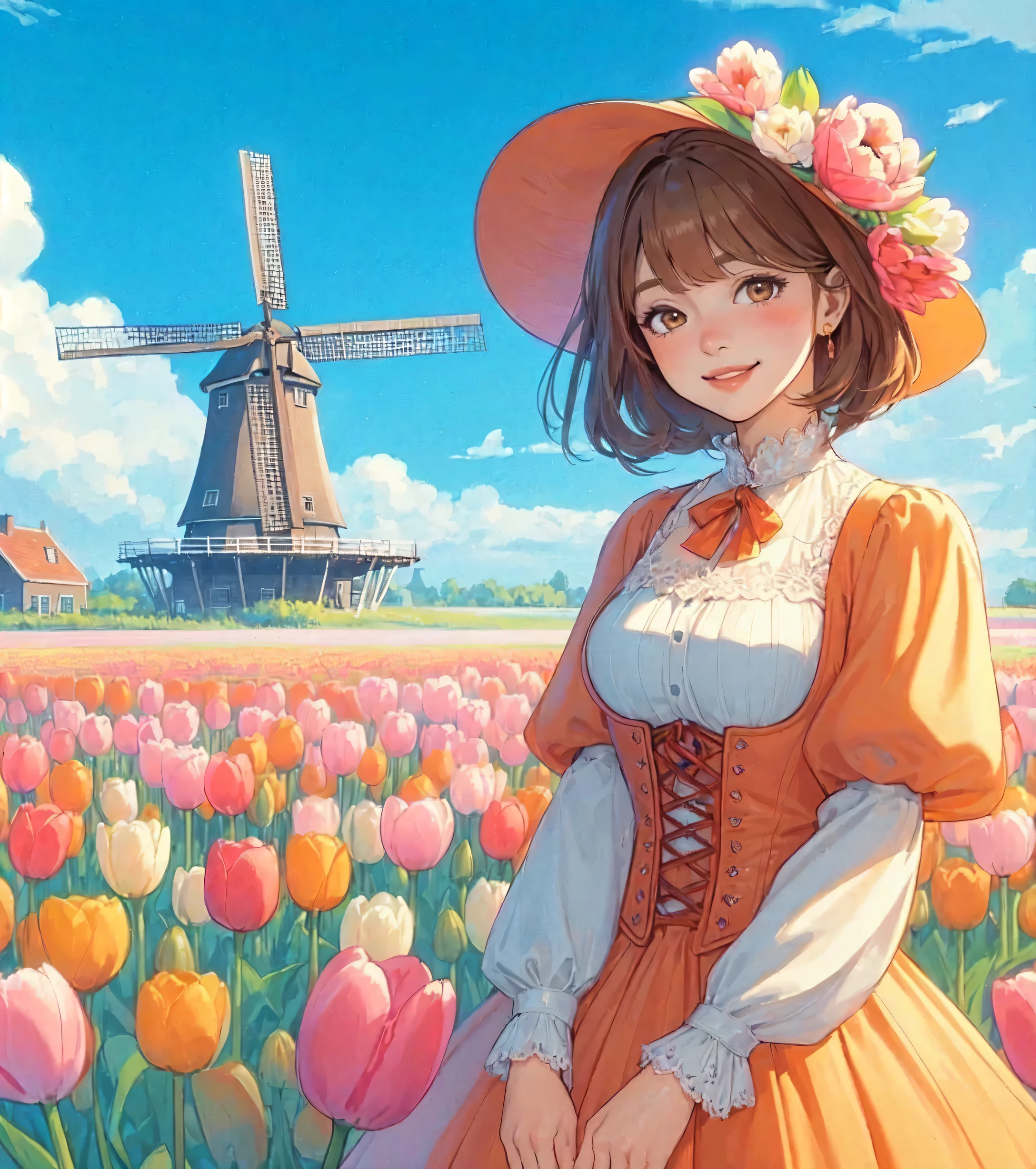1lady standing, (looking at viewers), stylish outfit (elegant and breezy attire) (orange theme), (mature female:0.6), /(brown hair/) bangs, blush kind smile, (masterpiece best quality:1.2) delicate illustration ultra-detailed, large breasts BREAK (field of tulip) (vibrant colors), colorful tulips, outdoors, (traditional Dutch windmill), blue sky, noon, horizon, detailed background