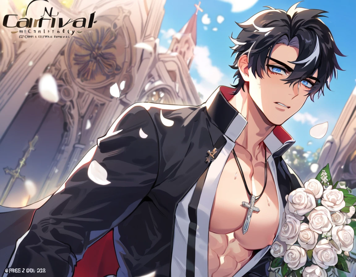 absurdres, highres, ultra detailed, HDR, master piece, best quality, Wriothesley, black hair, expressive blue eyes, Genshin Impact, solo, sexy man, handsome, horny, lewd, black priest robes, accessories, showing the chest, cross necklace, priest, white gloves, fantasy, magical, white roses, white petals, blue sky, church, Nu Carnival