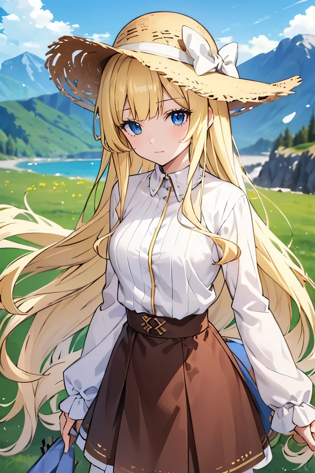  1 girl, female figure, wavy yellow hair, hime cut, extra long hair, crystal light blue eyes, detailed eyes, golden blonde hair, cowboy shot, voluminous hair, wavy hair, (medium small breasts), (young female body: 1.4), outdoors background, mountains and river, farmers girl, straw hat, extra long brown skirt, white shirt, white blouse, brown long skirt, beige cardigan, long cardigan, flowing brown skirt, brown skirt, dark brown skirt