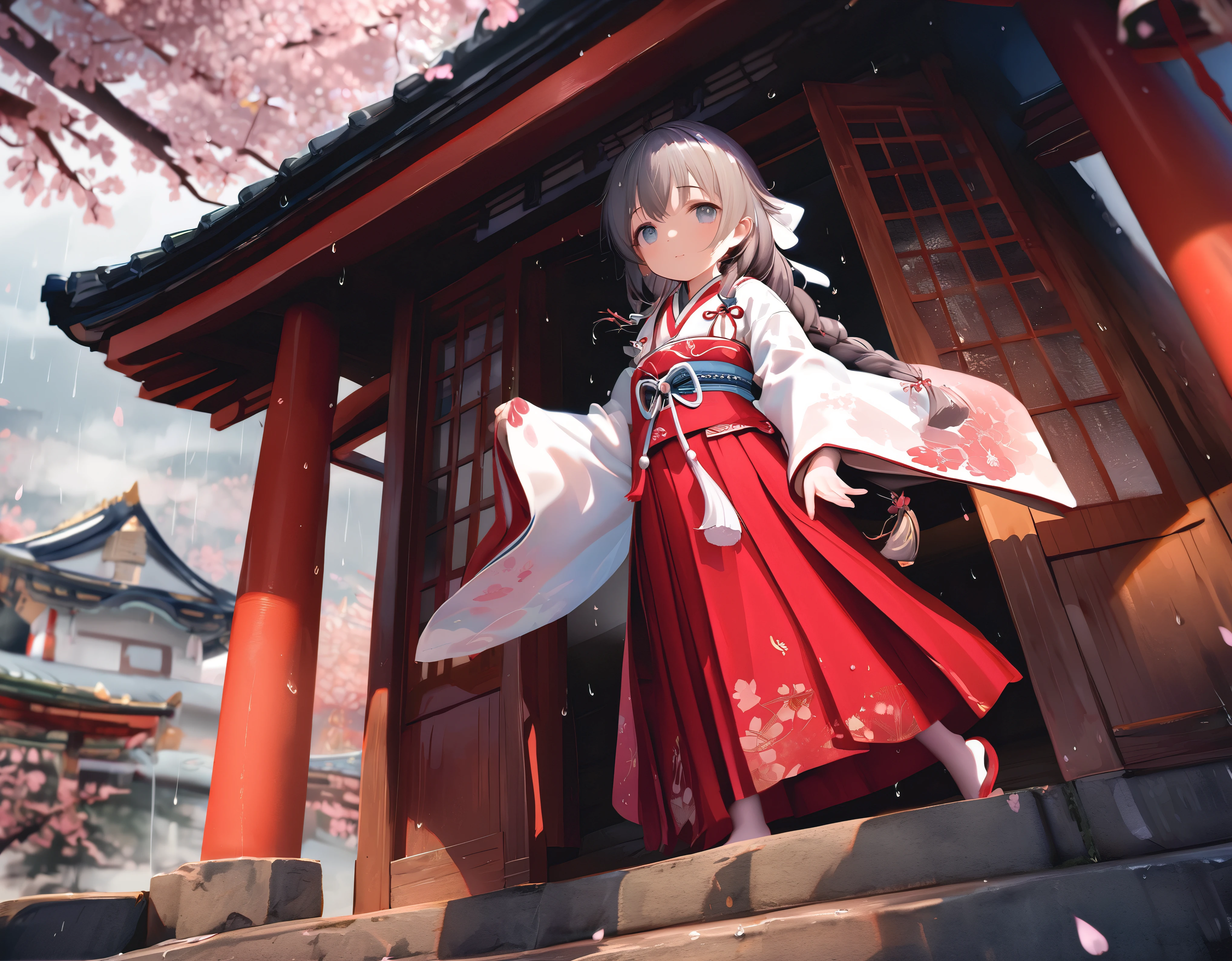 (full body), (solo), (A :1.2), (very young little girl), l, (small breas(wide angle), raw photo, Aesthetic, Convoluted, Awarded, chiaroscuro, Best Quality, Detailed background, (Misty atmosphere:1.2), (hard rainy day:1.1),Young girl, rainstorm, Japanese shrine maiden costume, elegance, tradition, (haori: white silk, embroidered with cherry blossoms and chrysanthemums), (haori hem: ground-length, flowing), (hakama: deep crimson, brocade pattern, metallic sheen), (mysterious shadow), (long braid, white ribbon, cherry blossoms), (obijime: wide sash, natural world pattern, golden dragon clasp), (hikizuri: sleeve ties, fluttering tassels), (dance: reverence, devotion, prayer to storm gods), (raindrops: parting, reverence), (beauty, cultural richness, artistic brilliance).