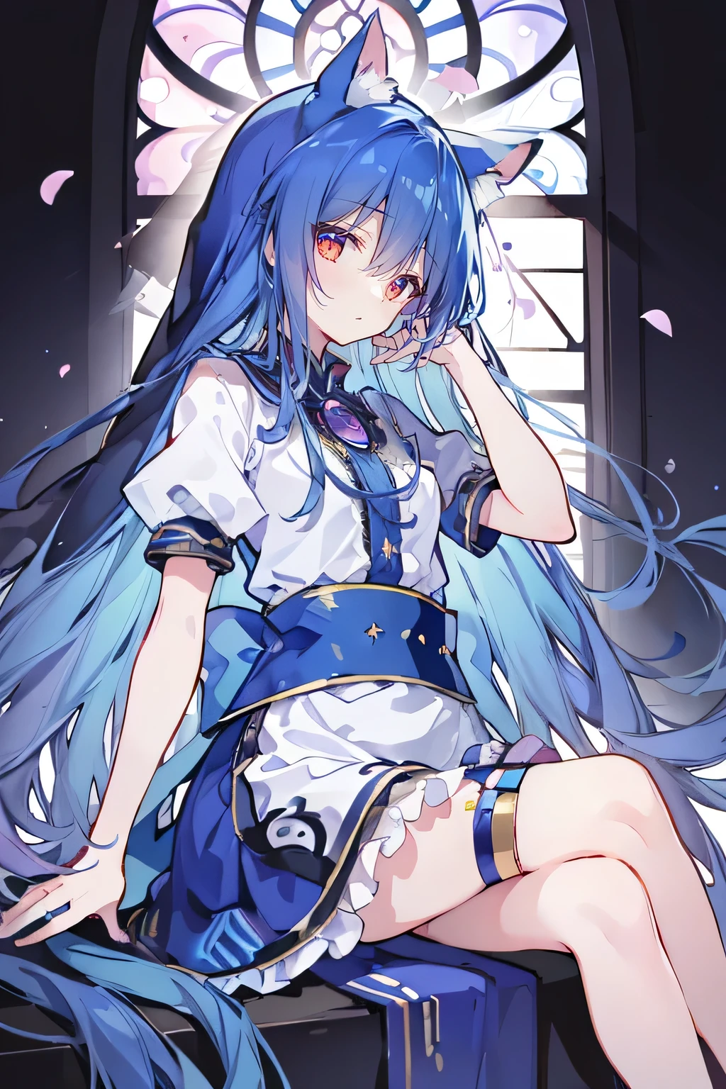 (masterpiece:1.2),Extremely detailed,Practical,expressive eyes,Fair skin,Perfect face shaping,1 Girl,
Japanese cartoons,Gorgeous blue hair, the long flowing blue hair,Floating clothes,Cat ears,Petals fall,beautiful lola,Young Angel,
Place your hands on your waist,sit elegantly on the ground,Cross your legs,Gentle and peaceful background,church,nun，Place your hand on your lips，Shy face。