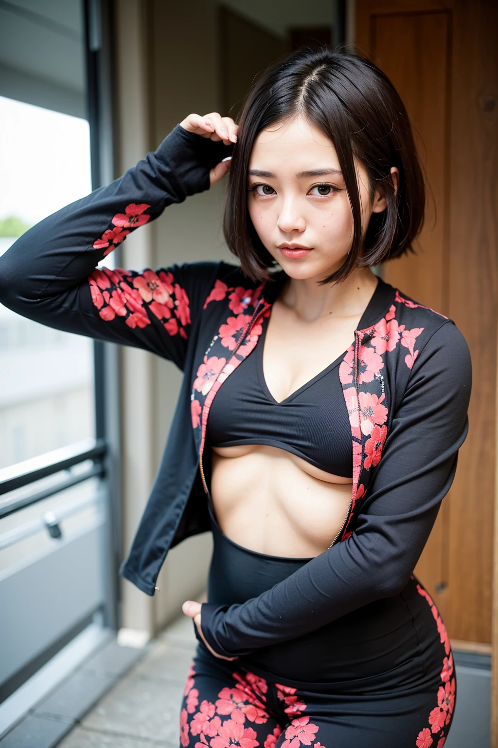 Top quality, A beautiful young woman with sleek, short hair, dressed in a stylish ninja cosplay outfit. She wears a black and red ninja suit with intricate patterns, complete with a face mask and arm guards. She stands in a stealthy pose on a rooftop under the moonlight, with a backdrop of traditional Japanese architecture and cherry blossom trees swaying gently in the night breeze. Her eyes are sharp and focused, exuding a sense of mystery and strength.