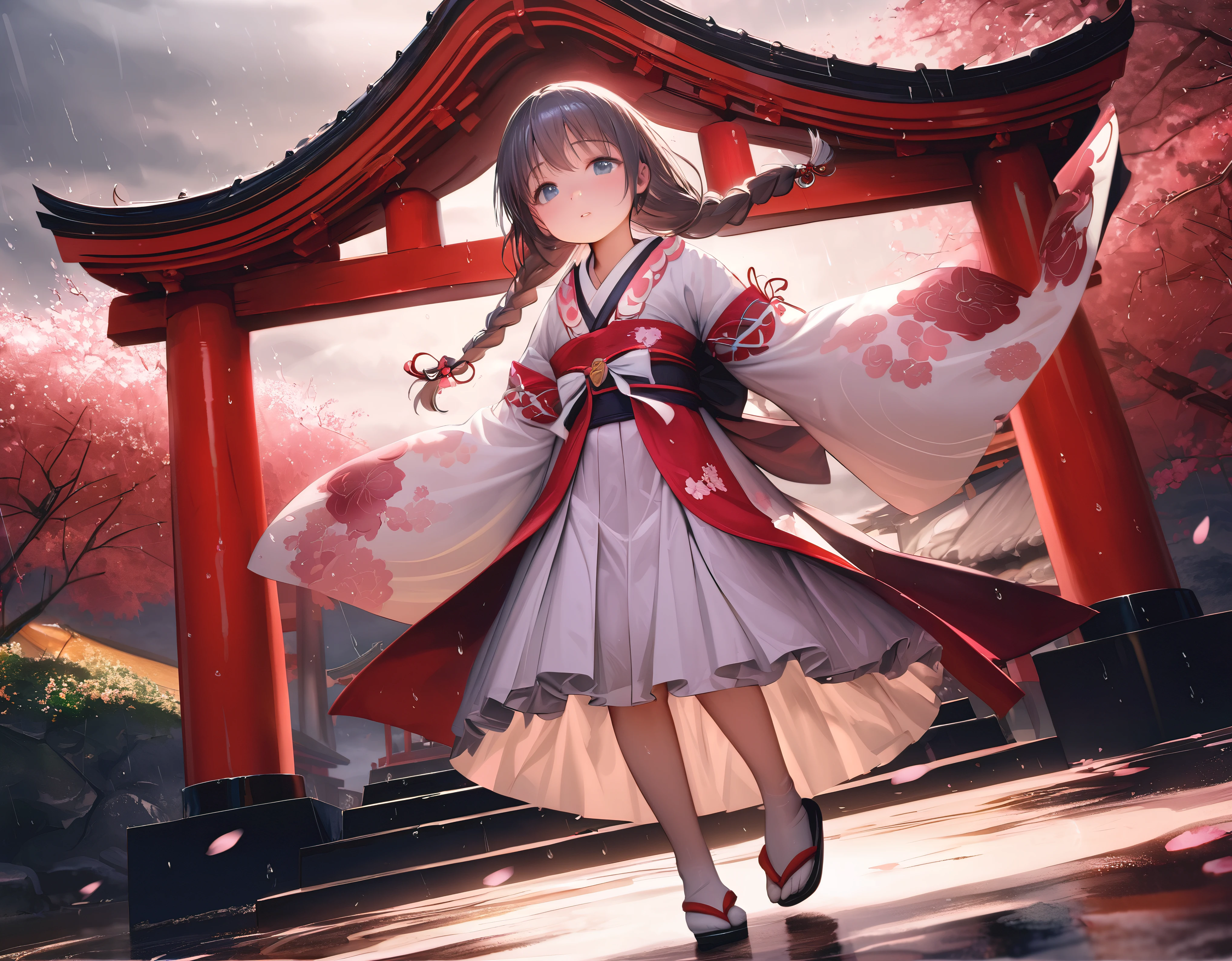 (full body), (solo), (A 7-year-old girl:1.2), (very young little girl), loli, (Solo), (small breast), (wide angle), raw photo, Aesthetic, Convoluted, Awarded, chiaroscuro, Best Quality, Detailed background, (Misty atmosphere:1.2), (hard rainy day:1.1),Young girl, rainstorm, Japanese shrine maiden costume, elegance, tradition, (haori: white silk, embroidered with cherry blossoms and chrysanthemums), (haori hem: ground-length, flowing), (hakama: deep crimson, brocade pattern, metallic sheen), (mysterious shadow), (long braid, white ribbon, cherry blossoms), (obijime: wide sash, natural world pattern, golden dragon clasp), (hikizuri: sleeve ties, fluttering tassels), (dance: reverence, devotion, prayer to storm gods), (raindrops: parting, reverence), (beauty, cultural richness, artistic brilliance).