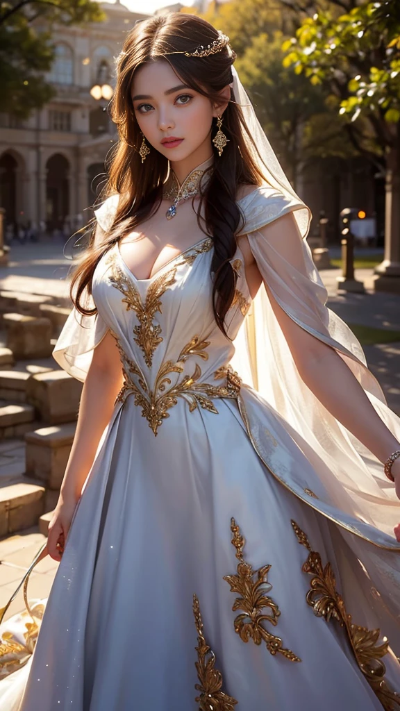 8K ultra hd, masterpiece,1 girl, ((realistic face)), detailed eyes, ((very long hair)), flowing hair, small breasts, royal dress, decorated dress, white dress, anitque jwellery, detailed lacing, flowing cape, bare navel, moon light, amazing night outdoor, spot lights, glowing lights, depth of field, ray tracing, bloom, realistic shadow, tyndal effect, spreding, lights, looking at the audience, attractive pose,