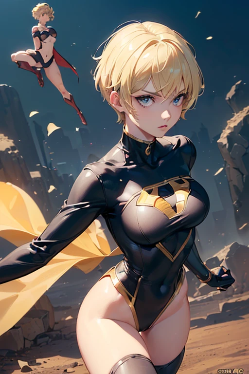((super hero)), ((Beautiful and slim woman)), ((hero costume)), ((blonde short hair), ((wear hero costume with black details)), (( is flying)), ((give us no suit, dirt on costume)),((serious look)), ((still or spectator)), ((best qualityer)), ((self definition)), ((detailed focus body and face)), (( corpo 4k)), ((face 4k))