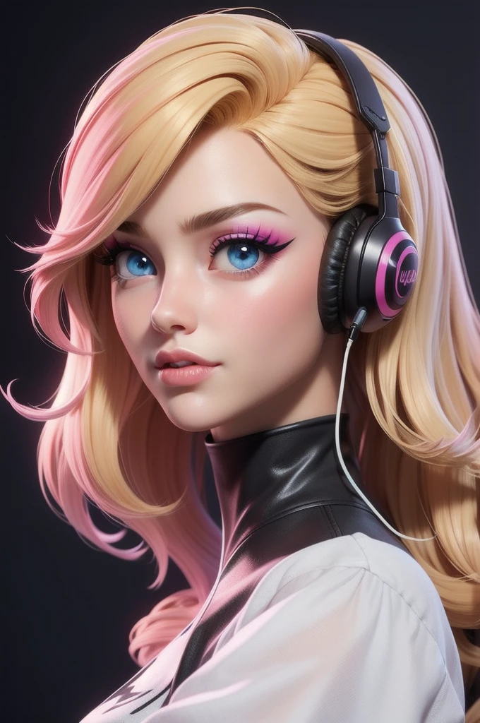 masterpiece, best quality,3d rending work,3DMM style, close-up, portrait, 3D,1girl, solo, perfect face, long hair, DJ cool outfit, long light blonde hair dyed with pink and with cute fluffy bangs well styled, hair dyed with pink color, detailed light blue eyes highlight light reflecting in her eyes, looking straight to the viewer, realistic, upper body, party background, colorful lighting, lips, edgy makeup, black shade of makeup on eyelids, ear piercing, fair skin, perfect hourglass body, she has sharp jawline, wearing headphones, The artwork should have the best quality, with ultra-detailed and realistic features. The color palette should be vivid, and the lighting should emphasize the character's facial structure and expression.