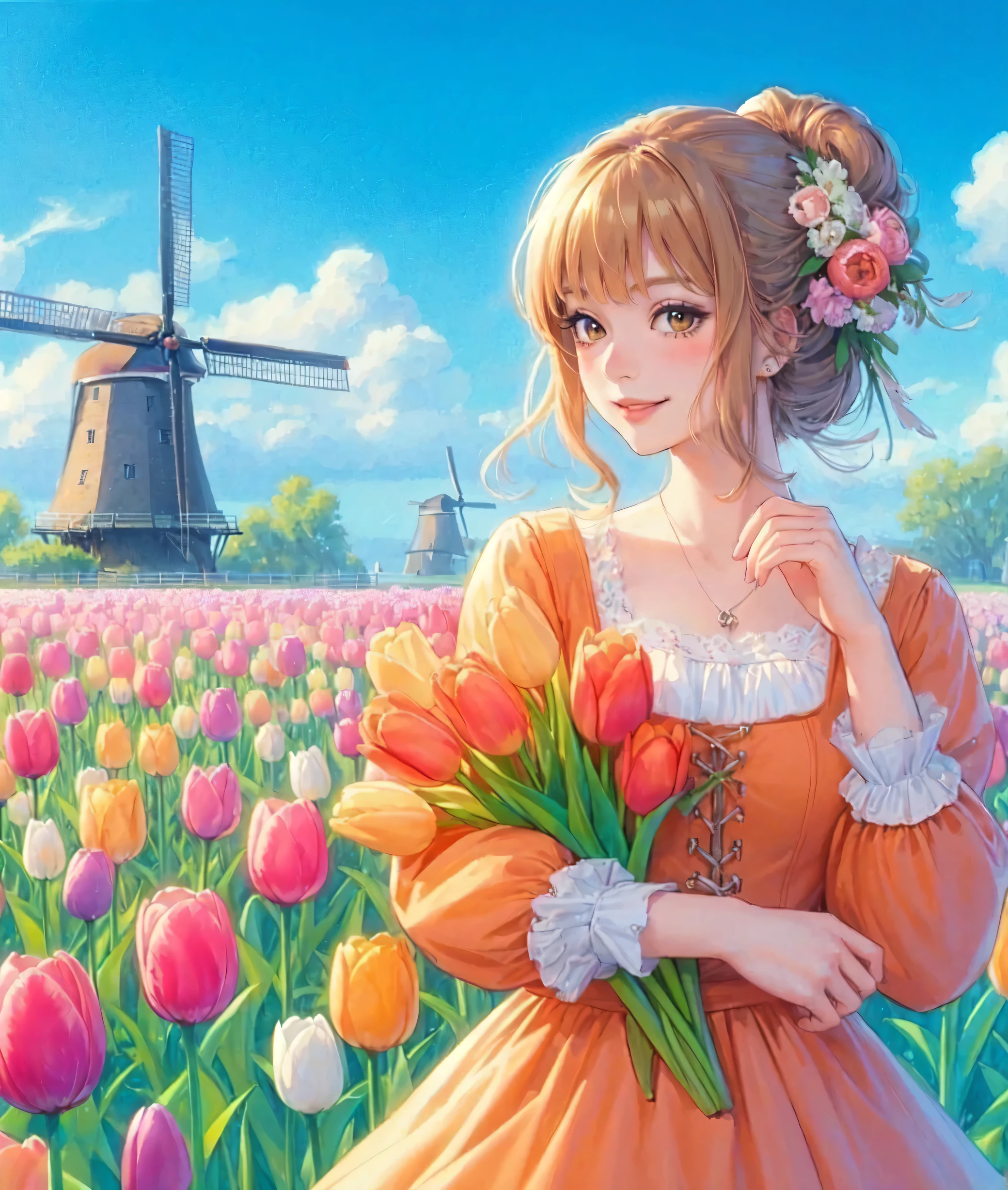 1lady standing, (looking at viewers), stylish outfit (elegant and breezy attire) (orange theme), (mature female:0.6), /(beige hair/) bangs, blush kind smile, (masterpiece best quality:1.2) delicate illustration ultra-detailed, large breasts BREAK (field of tulip) (vibrant colors), colorful tulips, outdoors, (traditional Dutch windmill), blue sky, noon, horizon, detailed background