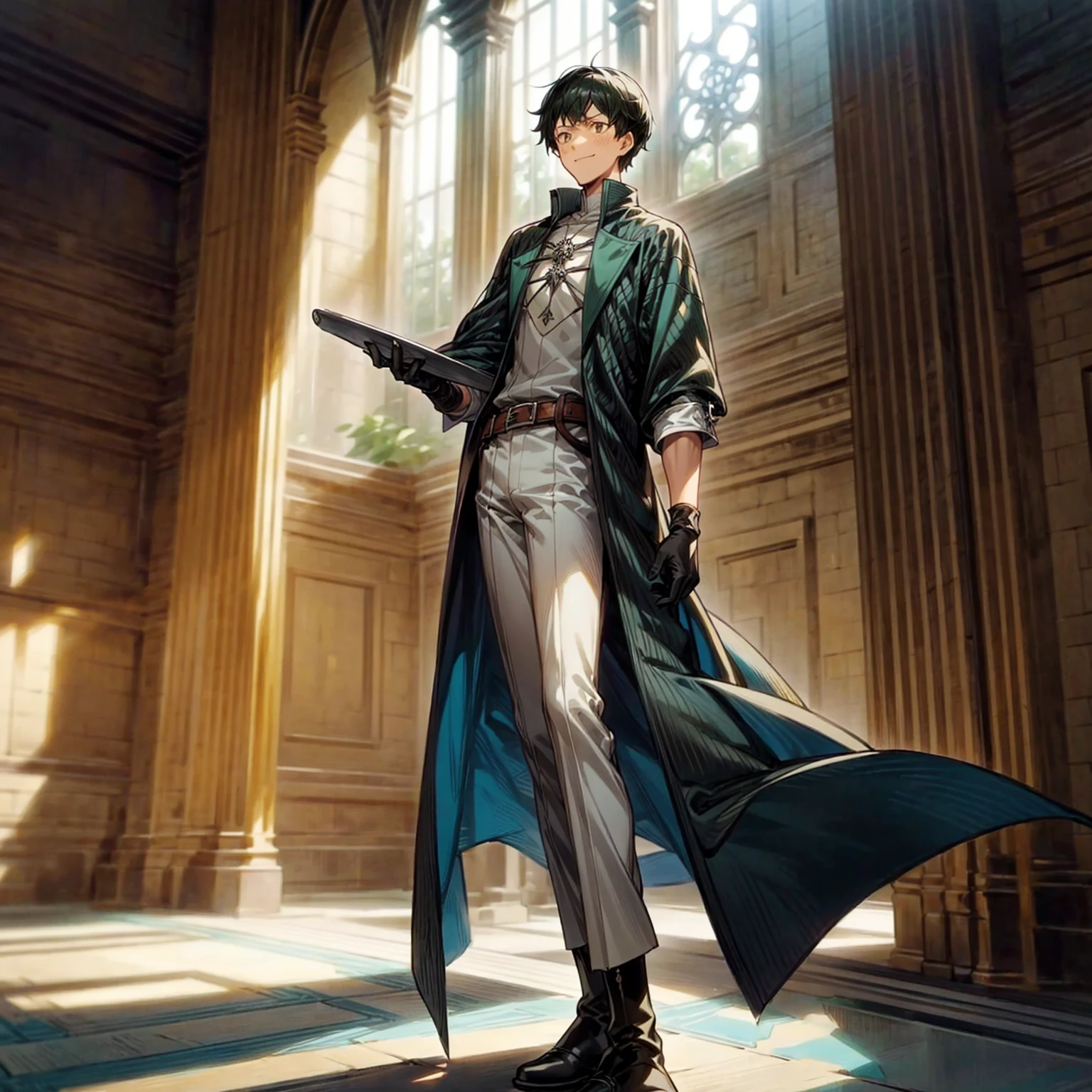 Solo character, young man, tall height, full body version, green half black colour hair, short haircut, formal clothing, white color clothing, brown pants, boots, belt, gloves, indoor, medieval, bar, sunlight, (black clover style art), detailed clothing, detailed hair, detailed background, standing gesture, blue fire in hand, smile mouth 