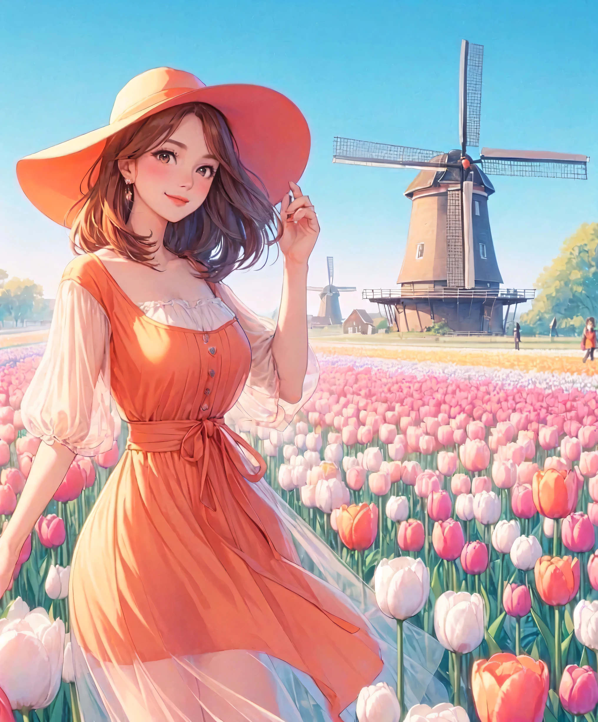 1lady standing, (looking at viewers), stylish outfit (elegant and breezy attire) (orange theme), (mature female:0.6), /(light brown hair/) bangs, blush kind smile, (masterpiece best quality:1.2) delicate illustration ultra-detailed, large breasts BREAK (field of tulip) (vibrant colors), colorful tulips, outdoors, (traditional Dutch windmill), blue sky, noon, horizon, detailed background