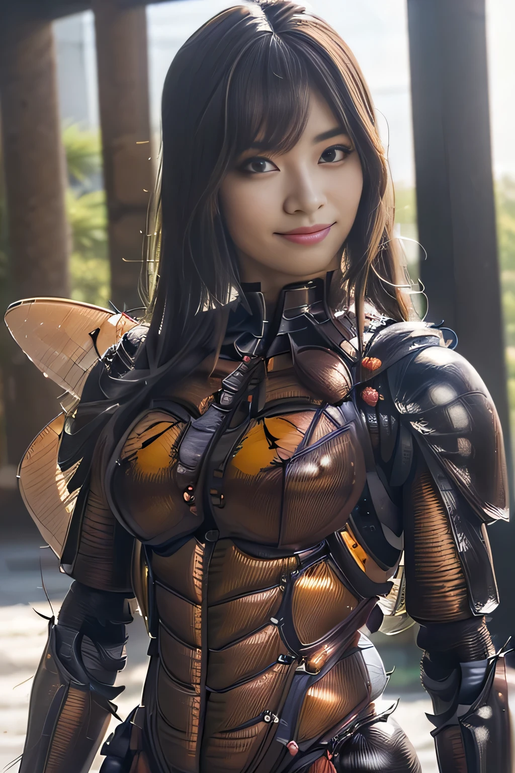 (high resolution,masterpiece,best quality,extremely detailed CG, anime, official art:1.4), realistic, photo, amazing fine details, all intricate, gloss and shiny,awesome many layers, 8k wall paper, 3d, sketch, kawaii, illustration,( solo:1.4), perfect female proportion,villainess, (fusion of dark brown cockroach and lady:1.4), (brown cockroach form lady:1.2), (brown cockroach lady:1.2), (fusion:1.2), (solo:1.4), (evil smile:1.2), muscular, abs, (cockroach brown exoskeleton bio insect suit:1.4), (cockroach brown exoskeleton bio insect armor:1.2), (brown transparency cockroach wing:1.4), (brown cockroach antennae:1.3),