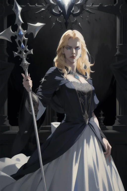 Angry face,Blue eye, blonde hair, beautiful detailed eyes, beautiful detailed lips, extremely detailed face and features, elegant princess dress, witch costume, magic staff, dark fantasy, dark magic, glowing eyes, dramatic lighting, moody atmosphere, cinematic, epic fantasy, (best quality,4k,8k,highres,masterpiece:1.2),ultra-detailed,(realistic,photorealistic,photo-realistic:1.37),dramatic lighting,cinematic composition,epic fantasy scene