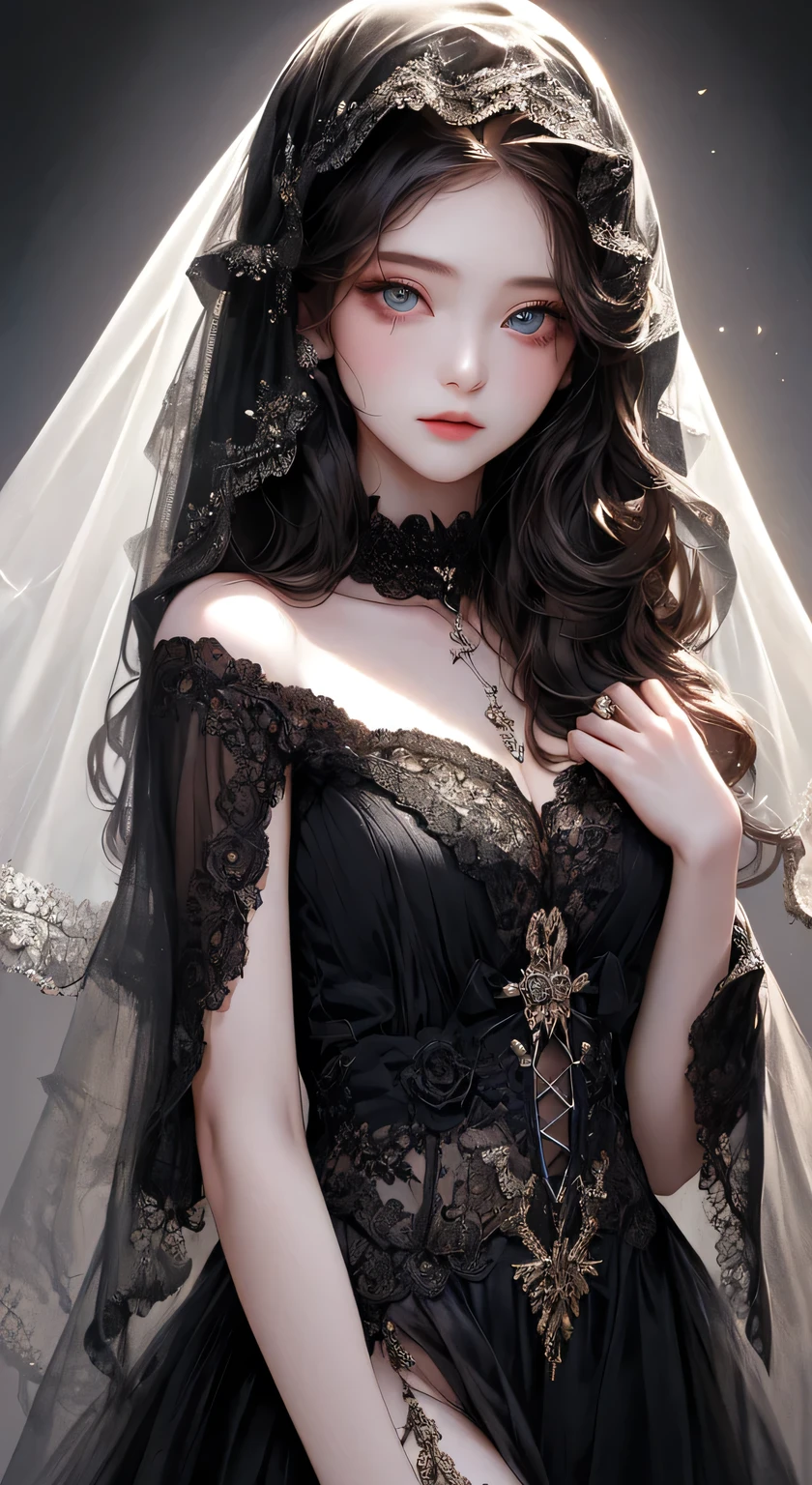 ((masterpiece, Highest quality, Very detailed, High resolution)), alone, beautiful girl, Shining Eyes, Perfect Eyes, 15 years old, Black White Gold theme,Gothic、Lace Face Veil