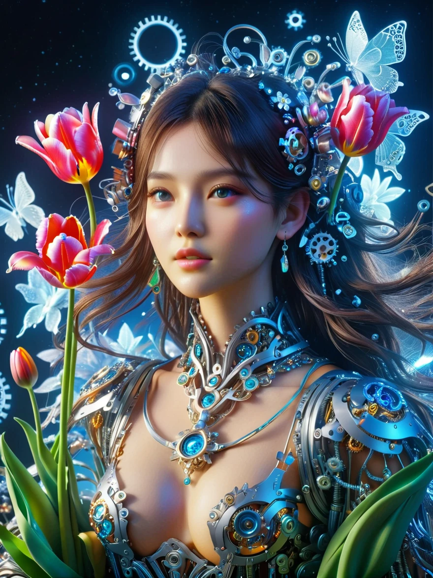 (3D,Mechanical feel,cute,ais-scrapyrd 1girl,tulip),(使用广角镜头拍摄whole body图像:1.9),(masterpiece:1.1),(Highest quality:1.1),(HDR:1.0),Ambient Light,Ultra high quality,(Ultra-detailed original illustrations),(1 Girl,whole body),(彩虹tulip花裙),(Slender thighs),(由tulip花朵制成的鞋子: 1.5),((Harajuku Fashion)),((Flowers with human eyes,Eye disease)),Double Exposure,Fusion of Fluid Abstract Art,Fault,(Original illustration composition),(Limited color blending,Extreme art style,Geometric artstyle), , Colorful neon lights,High-tech mechanical parts,Metal body,(详细的振金tulip花朵设计:1.9),Vibrant colors,动态发光tulip花朵,Reflective metal surface,Bright environment,Dynamic poses,Exquisite existence,Skills Improvement,Interlocking mechanical gears,Stylish design,motion blur effect,Detailed metal treatment,Sci-fi atmosphere,Streamlined aerodynamic shape,Laser scanning pattern,Holographic projection,LED light track,Beautiful and unforgettable,Advanced sensors,Complex algorithms,Ominous and mysterious atmosphere,Electric Spark,Shiny chrome,Propulsion systems of the future,(Best quality,8k,high resolution,masterpiece:1.2),Super detailed,(whole body:1.8), magazine photography,一个cute的女孩形象,Popular on social platforms,((Dopamineism)),(((Dopamine color matching))),Dopamine,(in the style of Y2K),Luo Erchun,3D古风,Oriental poetry and painting