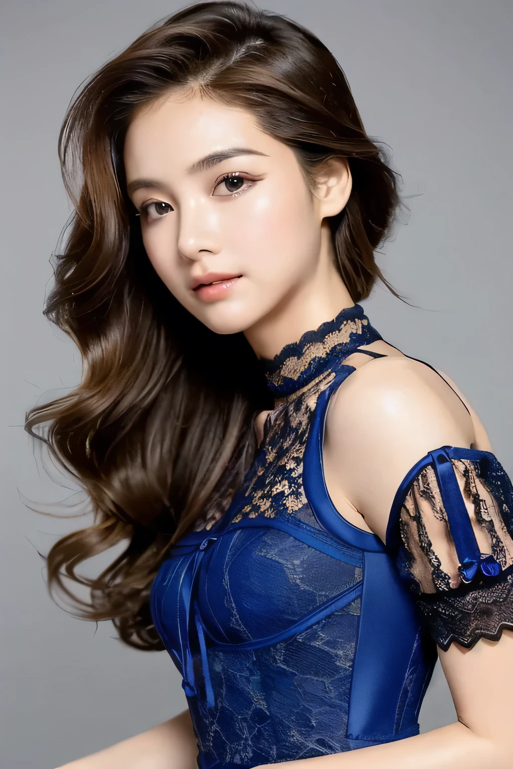((Highest quality, 8k, masterpiece: 1.3)), sharp: 1.2, Perfect Body Beauty: 1.6, ((Layered Hairstyles, Small breasts: 1.5)), (Sapphire blue lace dress: 2.0, A dress that covers the chest: 2.0), ((long hair: 2.0)), ((necklace)), Earrings, ring, Bracelet, Hair Accessories, ((Beautiful young teenager woman)), ((Straight nose)), (Eyeliner), Armpit Hair, Bristles, ((White and beautiful skin)), Wavy Hair, Beautiful attention to detail, Super detailed, Highly detailed face and skin texture, fine grain, double eyelid, Black Hair, Big Ass, Lower Body, Thighs, (((Skinny))), Wet and shiny lips, smile, Get a grip on your body, ((Anatomically correct human body)), ((Crisp body shape)), Ribs, clavicle, Protruding skeleton, A face without nasolabial folds, Shyness, Thin eyebrows, Big eyes, (shoot from side: 1.0), (Narrow shoulders: 2.0), (Serious face: 1.0), Corset-like dress, White skin