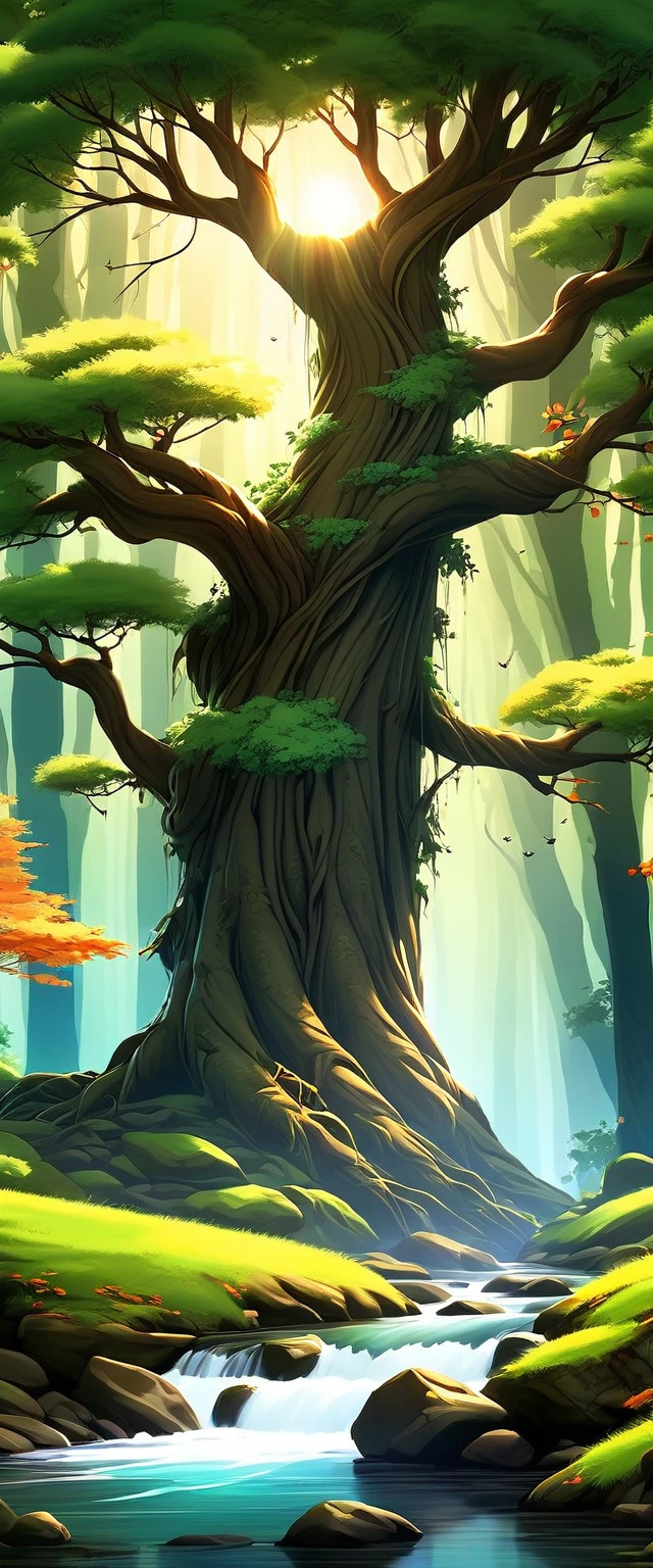 Viral anime nature wallpaper in 4K quality, in the style of digital illustration inspired by Hayao Miyazaki, featuring a serene forest with towering ancient trees, dappled sunlight filtering through the leaves, a gentle stream flowing through the scene, and mystical creatures peeking from behind the foliage; vibrant and warm color temperature, cosmos lighting with stars twinkling in the sky, no human characters, the atmosphere is tranquil and enchanting --v 5 --stylize 1000