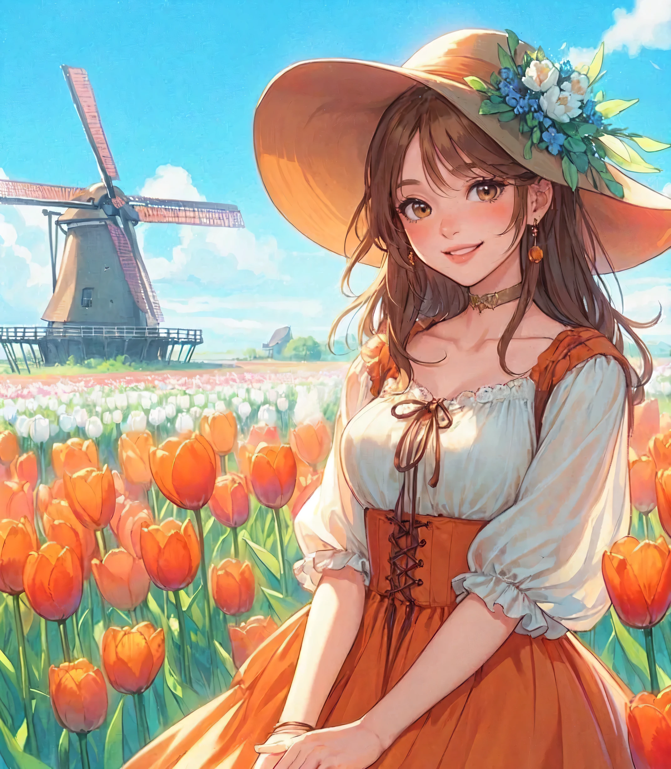 1lady standing, (looking at viewers), stylish outfit (elegant and breezy attire) (orange theme), (mature female:0.6), /(light brown hair/) bangs, blush kind smile, (masterpiece best quality:1.2) delicate illustration ultra-detailed, large breasts BREAK (field of tulip) (vibrant colors), colorful tulips, outdoors, (traditional Dutch windmill), blue sky, noon, horizon, detailed background