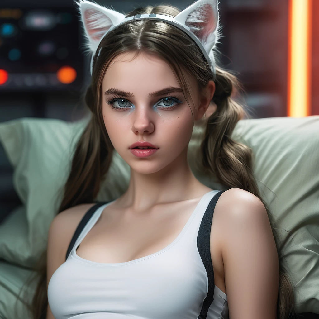White girl,  in a bed,  in a cyberpunk steel bunker with hatches etc..,  No fundo. she is wearing white cat ears. She has a twintail hairstyle. girl of 18 years old,  Scrawny ,   small,  beautiful breasts. work of art,  8k,  4K,  high resolution,  dslr,  ultra quality,  sharp focus,  thank you sharp,  DOF,  film grain,  Fujifilm XT3,  clear as crystal,  8k hd,  beautiful eyes with very large dilated pupils,  highly detailed skin,  skin pore,  seducer,   lookin,  charming lady with beautiful long hair,   fleshy lips,  Legs long,  beautiful face wearing torn vaultsuit clothes. , realisitic colors, realisitic, photorealisitic