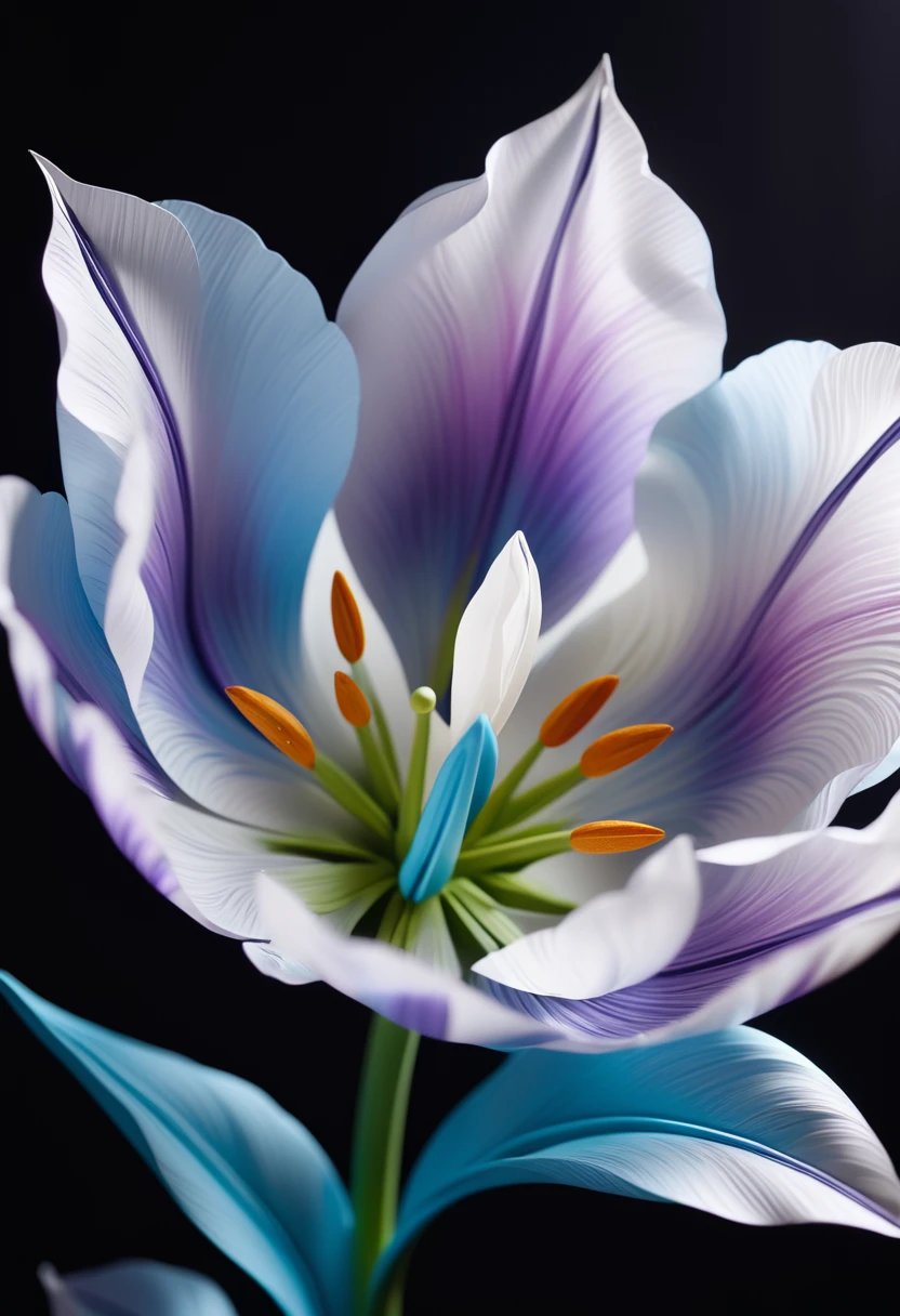 3D one white one light blue purple tulip paper flower on dark background close-up bright soft light exquisite beautiful details shining fusion 3D paper sculpture and paper art creation lifelike depiction perfect artistic design accurate perfect anatomy complex extreme Delicate texture, clear and detailed animation paper sculpture art design, high quality, high quality and lifelike