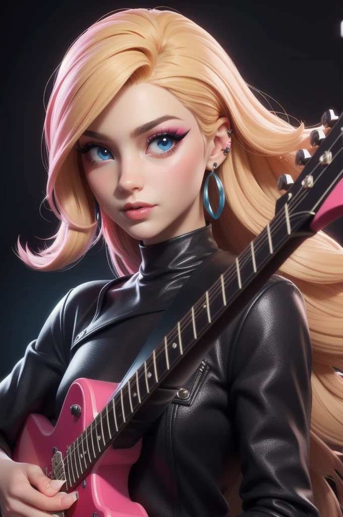 masterpiece, best quality,3d rending work,3DMM style, close-up, portrait, 3D,1girl, solo, perfect face, long hair, Electric guitar band black clothes, long light blonde hair dyed with pink and with cute fluffy bangs well styled, hair dyed with pink color, detailed light blue eyes highlight light reflecting in her eyes, looking straight to the viewer, realistic, upper body, concert background, colorful lighting, lips, edgy makeup, black shade of makeup on eyelids, ear piercing, fair skin, perfect hourglass body, she has sharp jawline, holding a black electric guitar, The artwork should have the best quality, with ultra-detailed and realistic features. The color palette should be vivid, and the lighting should emphasize the character's facial structure and expression.