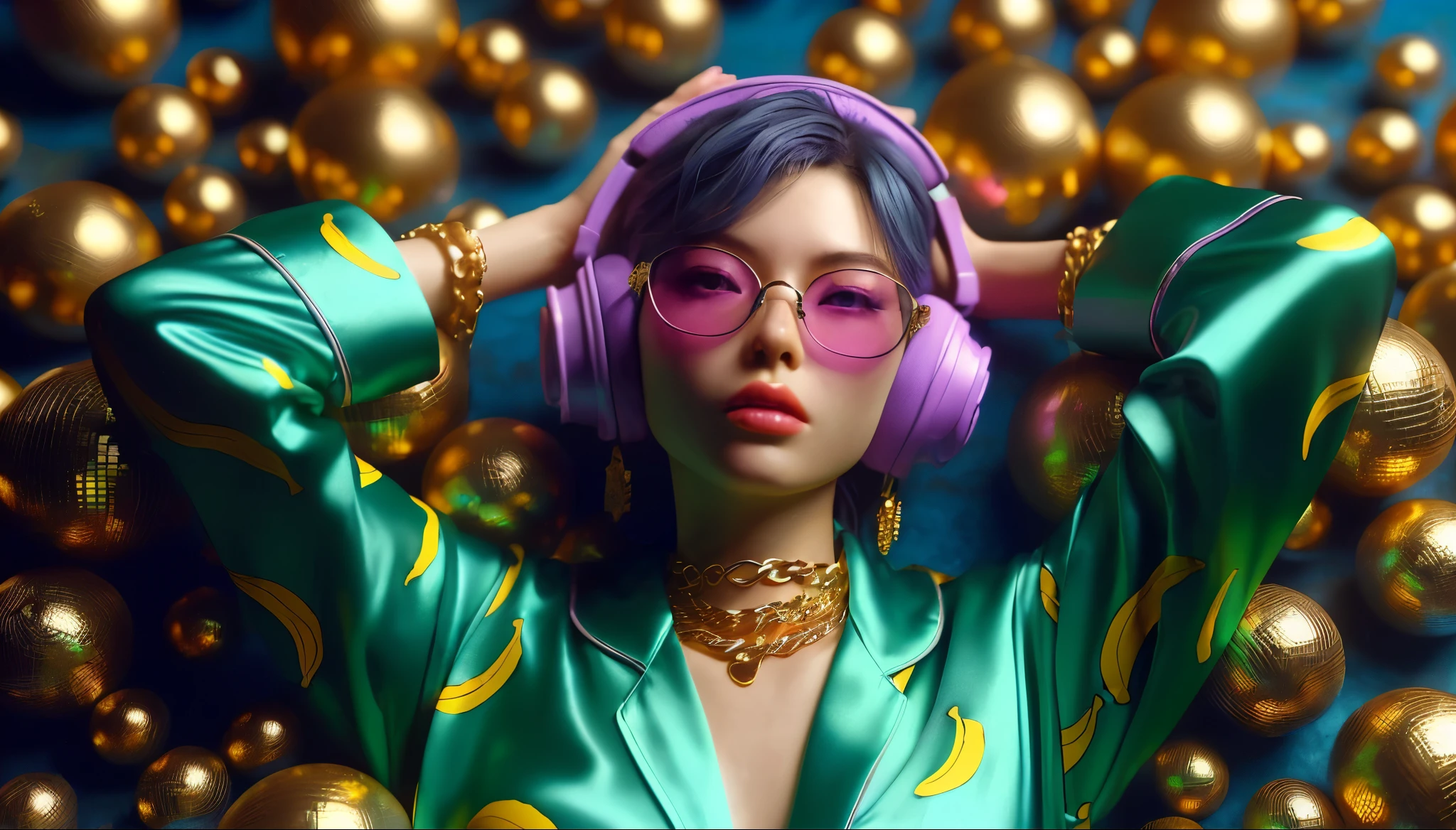 (very sharp result, full body desaturated 3d image) (((outfit body shading & texture))), (((Best Quality))), (((masterpiece))), (((hyper realistic photo))) a cool japanese girl wear silk green lime pajama with banana motif, big purple headset, gold chain necklace, fuchsia glasses, laid back posing drowned by thousands of gold shiny disco balls, chill hands behind back head gesture, (dramatic blue lighting mood) solid rustic texturized vibrant blue wall as background, UHD 4K